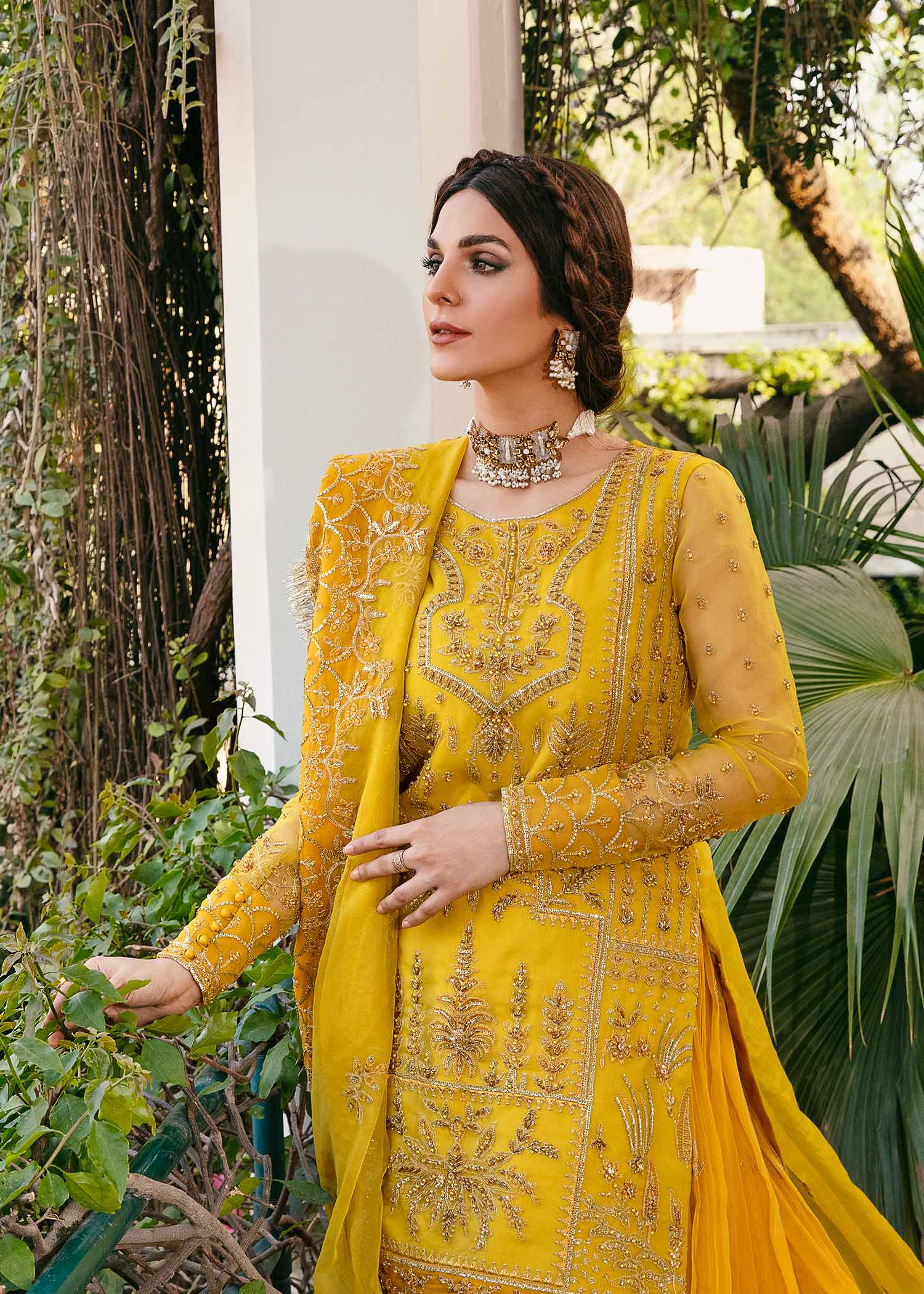 Pakistani Mustard Yellow Hand-Embellished Organza Lehenga (3-Piece) - Image 9