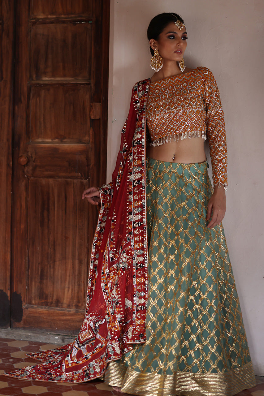 Saffron Mirror & Gota Work Organza Lehenga Choli (3-Piece) - Image 1