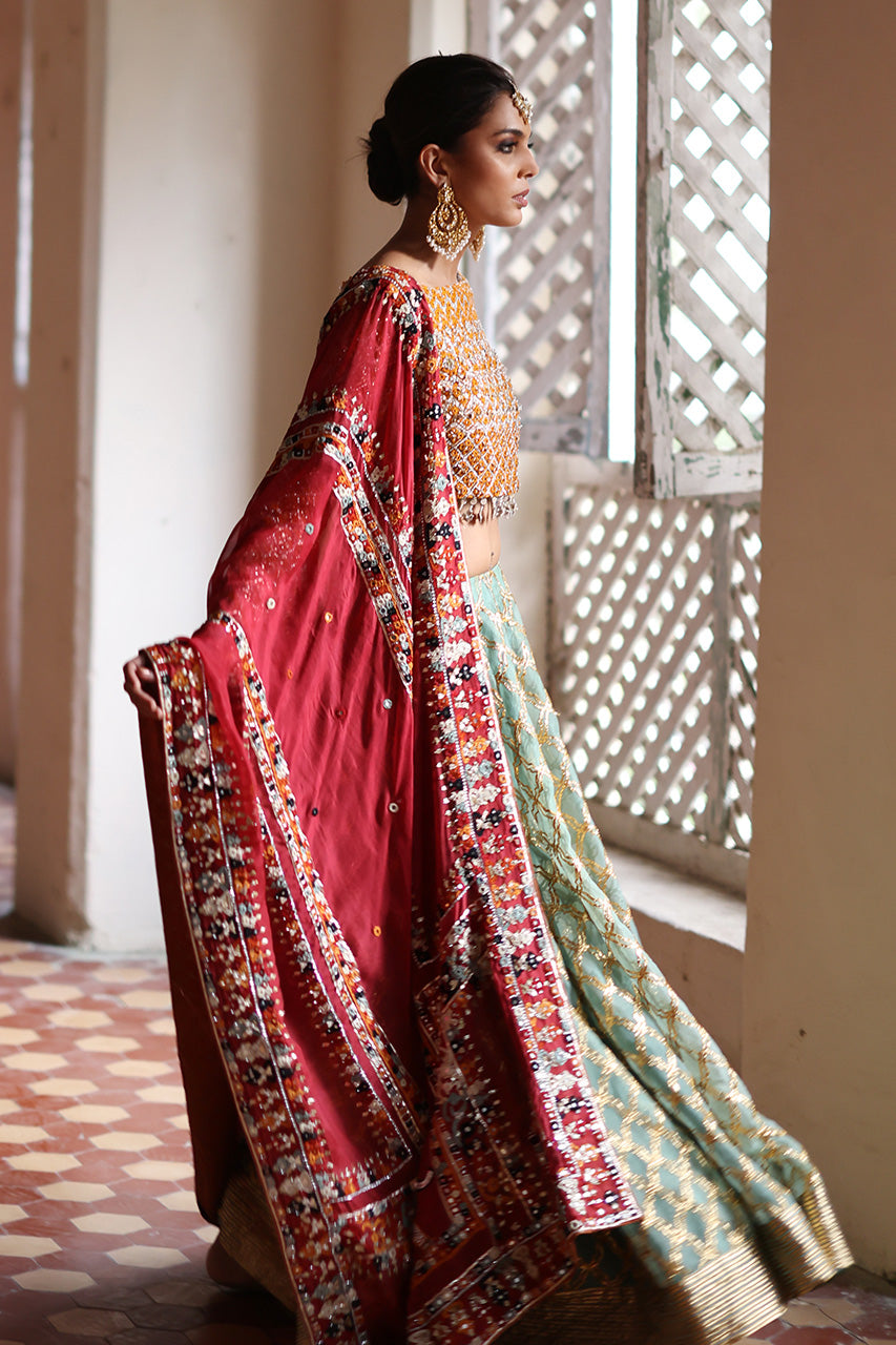 Saffron Mirror & Gota Work Organza Lehenga Choli (3-Piece) - Image 3