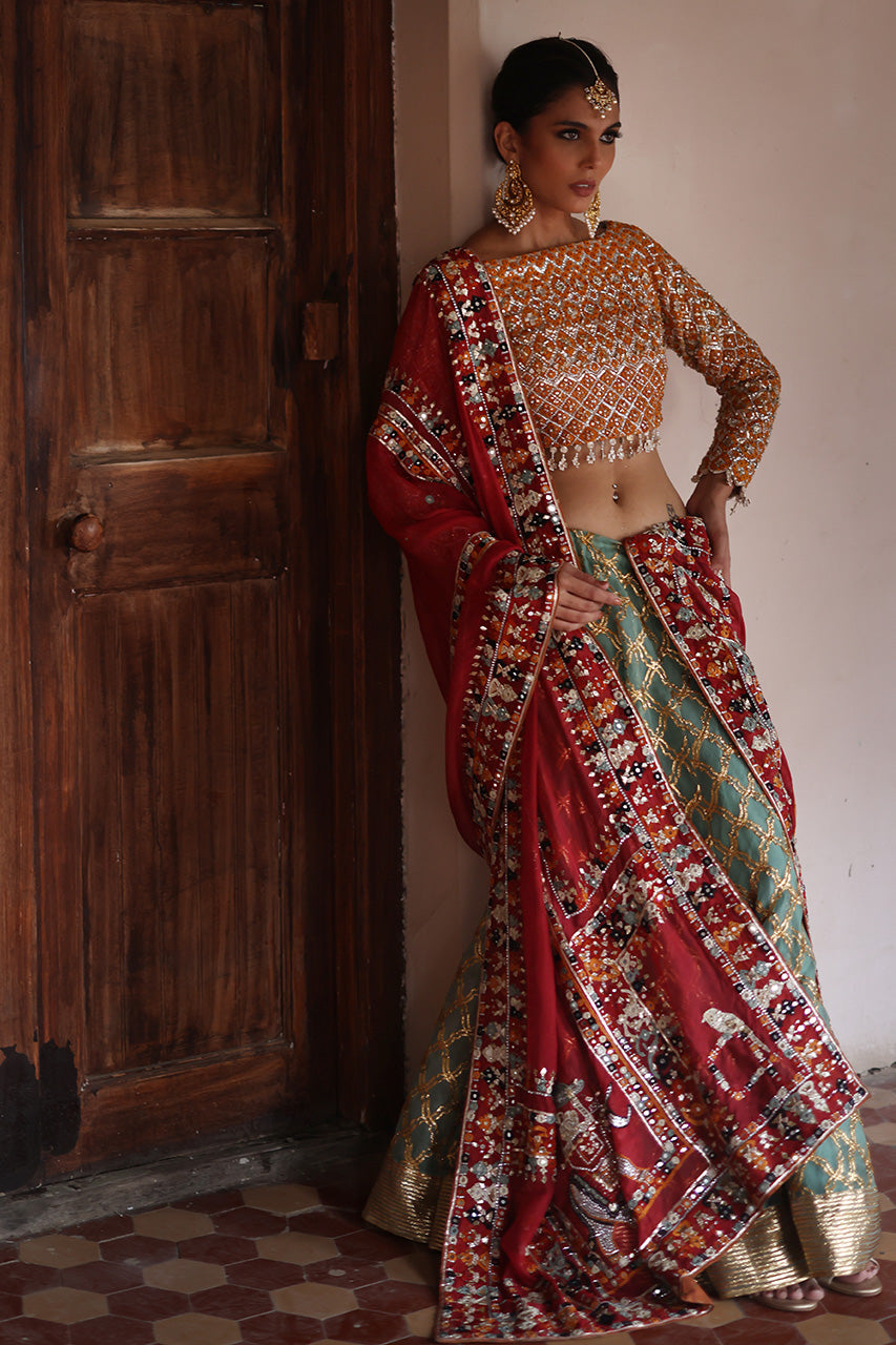 Saffron Mirror & Gota Work Organza Lehenga Choli (3-Piece) - Image 4