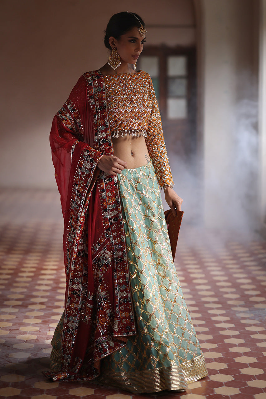 Saffron Mirror & Gota Work Organza Lehenga Choli (3-Piece) - Image 5