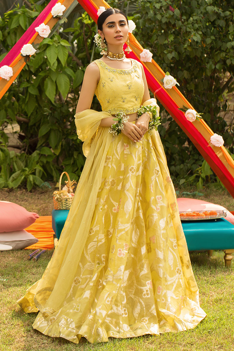 Sulphur Yellow Printed Organza Lehenga (3-Piece) - Image 1