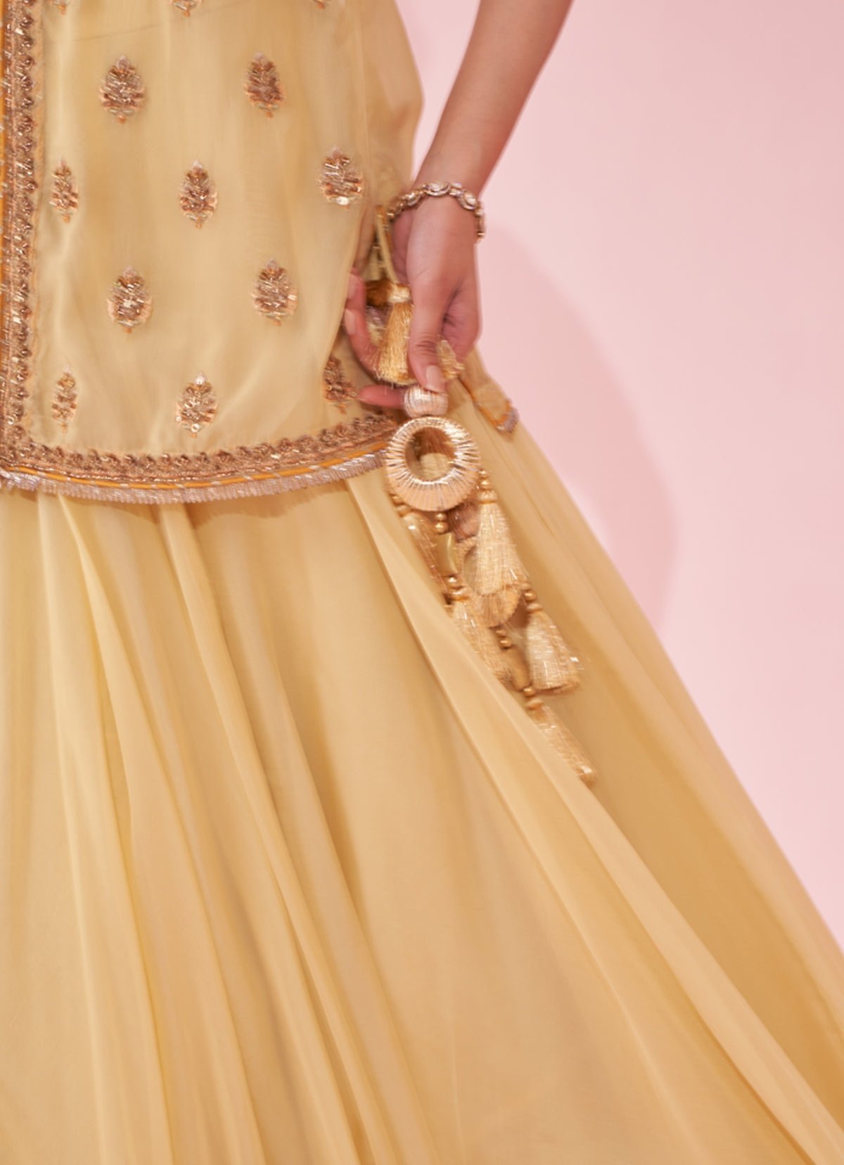 Pale Yellow Resham & Zari Embroidered Lehenga (3-Piece) - Image 10