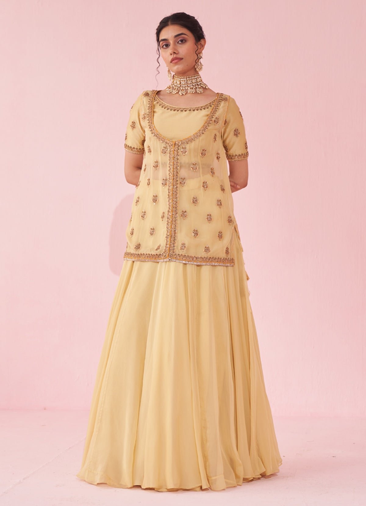 Pale Yellow Resham & Zari Embroidered Lehenga (3-Piece) - Image 2