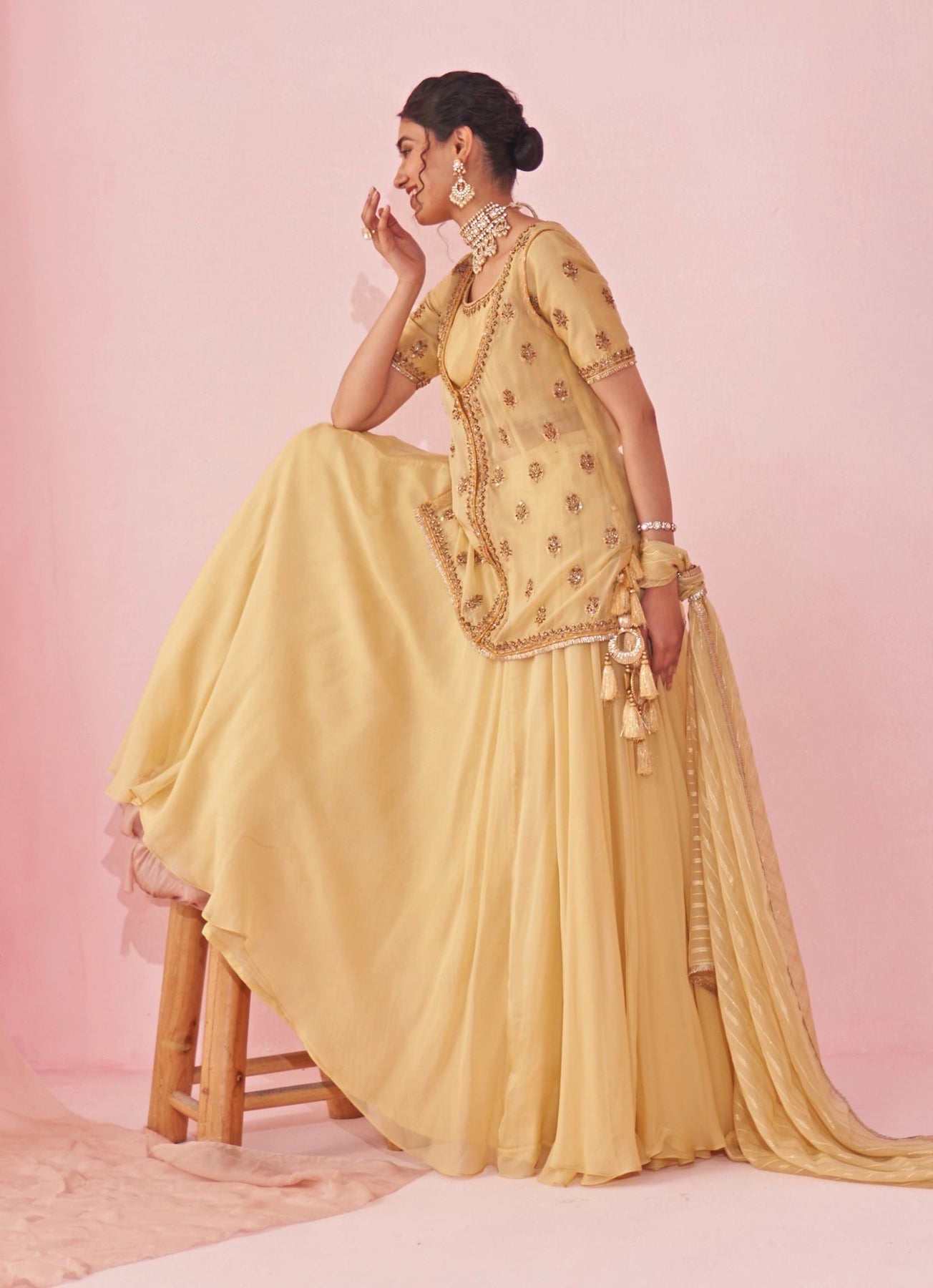 Pale Yellow Resham & Zari Embroidered Lehenga (3-Piece) - Image 5