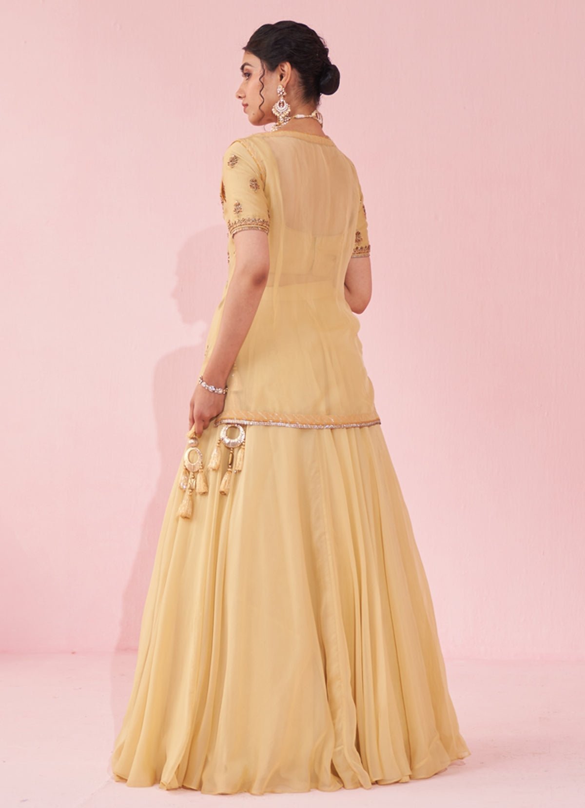 Pale Yellow Resham & Zari Embroidered Lehenga (3-Piece) - Image 6