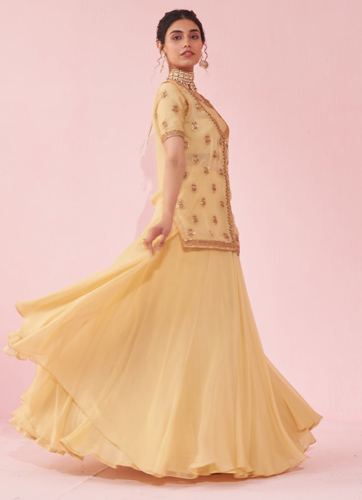 Pale Yellow Resham & Zari Embroidered Lehenga (3-Piece) - Image 7