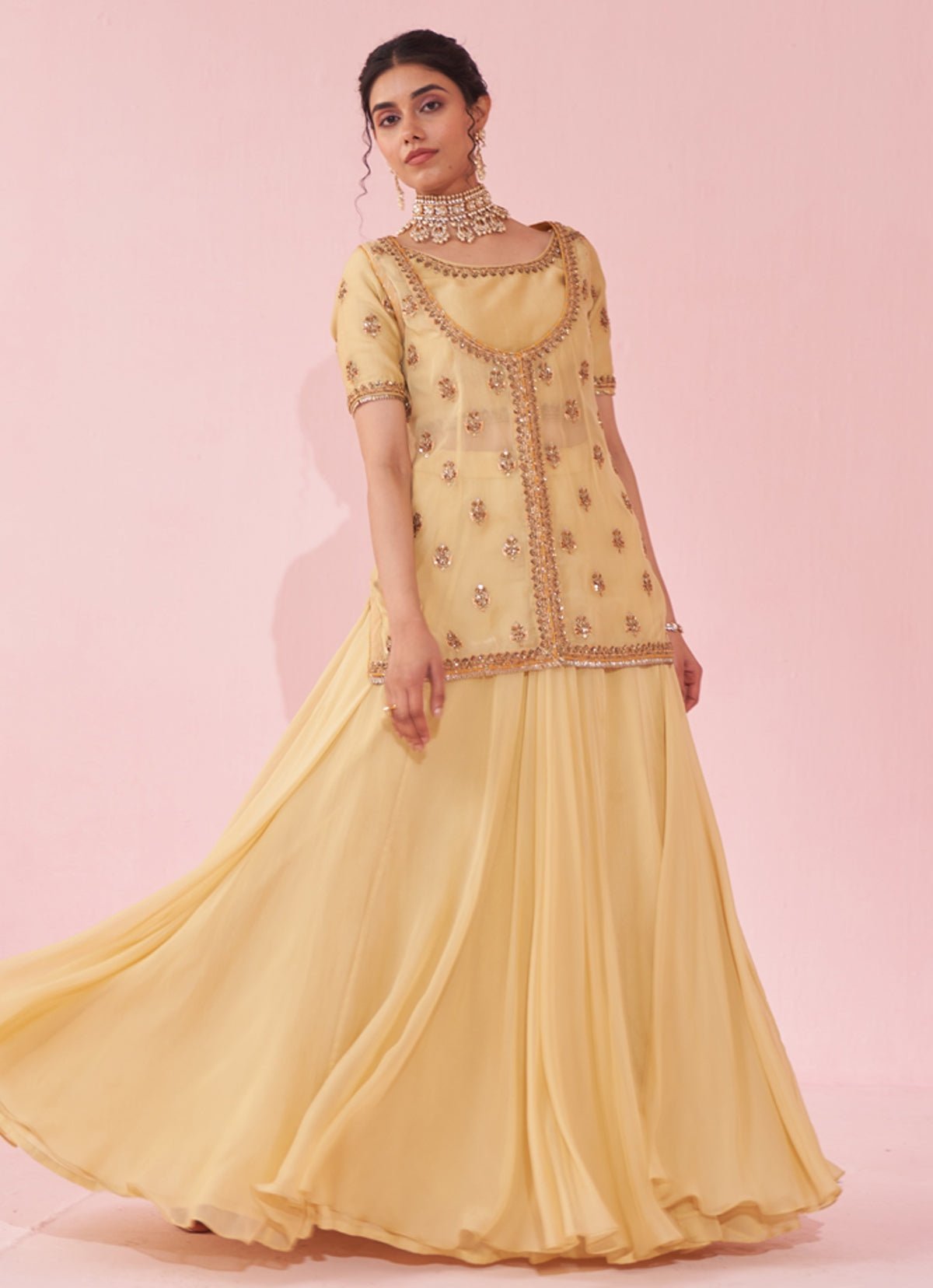Pale Yellow Resham & Zari Embroidered Lehenga (3-Piece) - Image 8