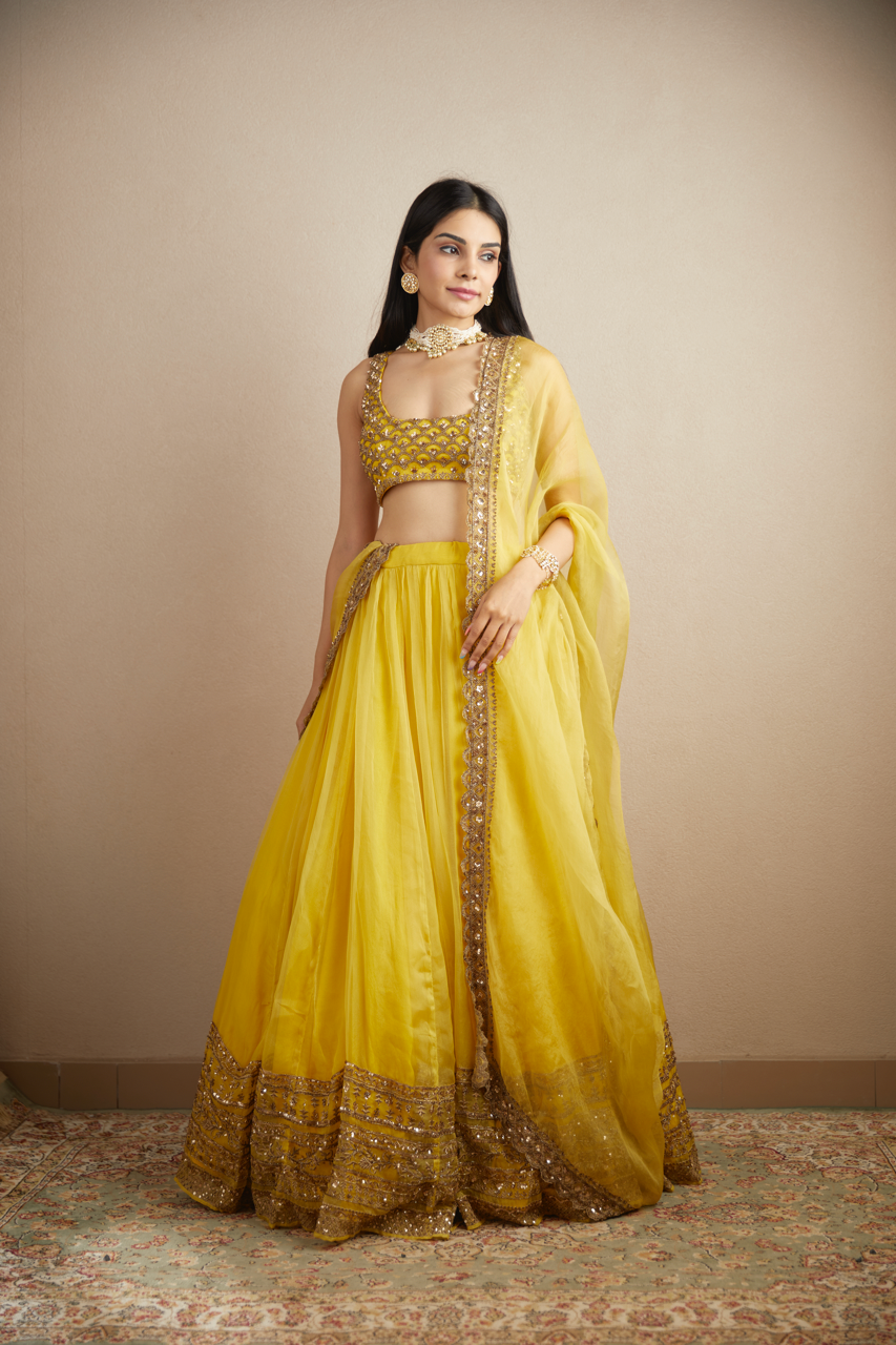 Yellow Mirror & Sequin Organza Silk Lehenga (3-Piece) - Image 1