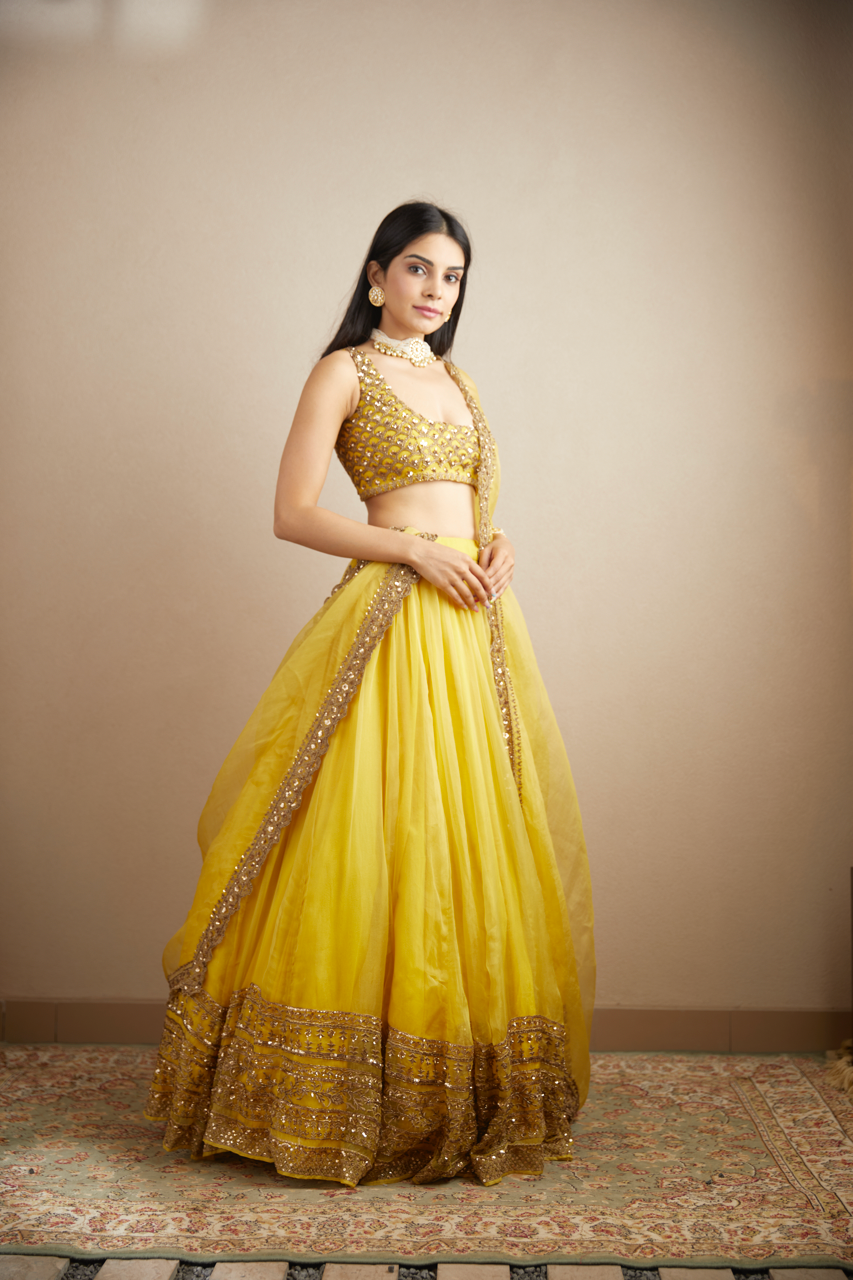 Yellow Mirror & Sequin Organza Silk Lehenga (3-Piece) - Image 2