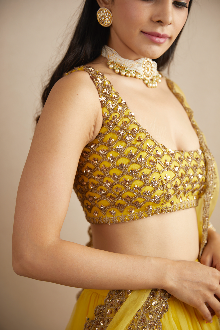 Yellow Mirror & Sequin Organza Silk Lehenga (3-Piece) - Image 3