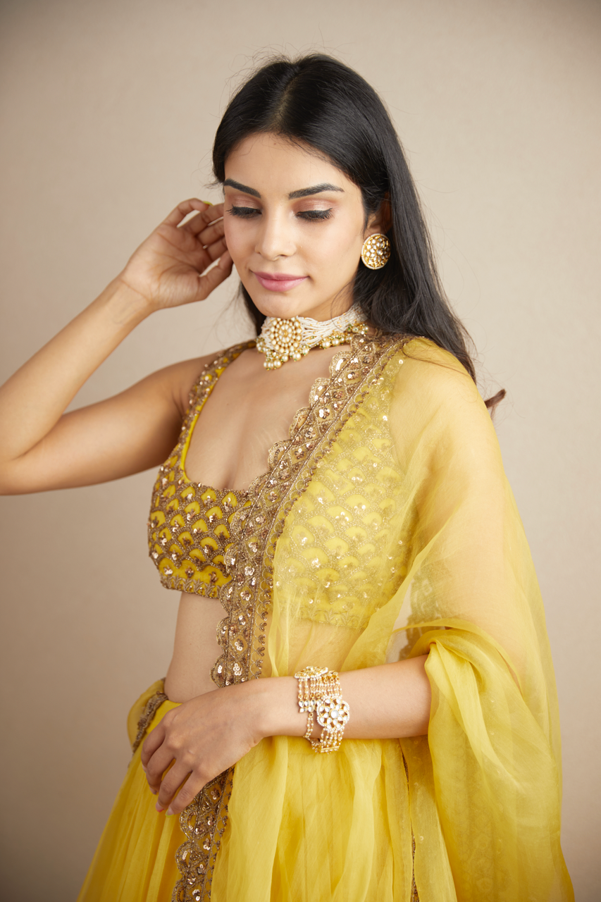 Yellow Mirror & Sequin Organza Silk Lehenga (3-Piece) - Image 4