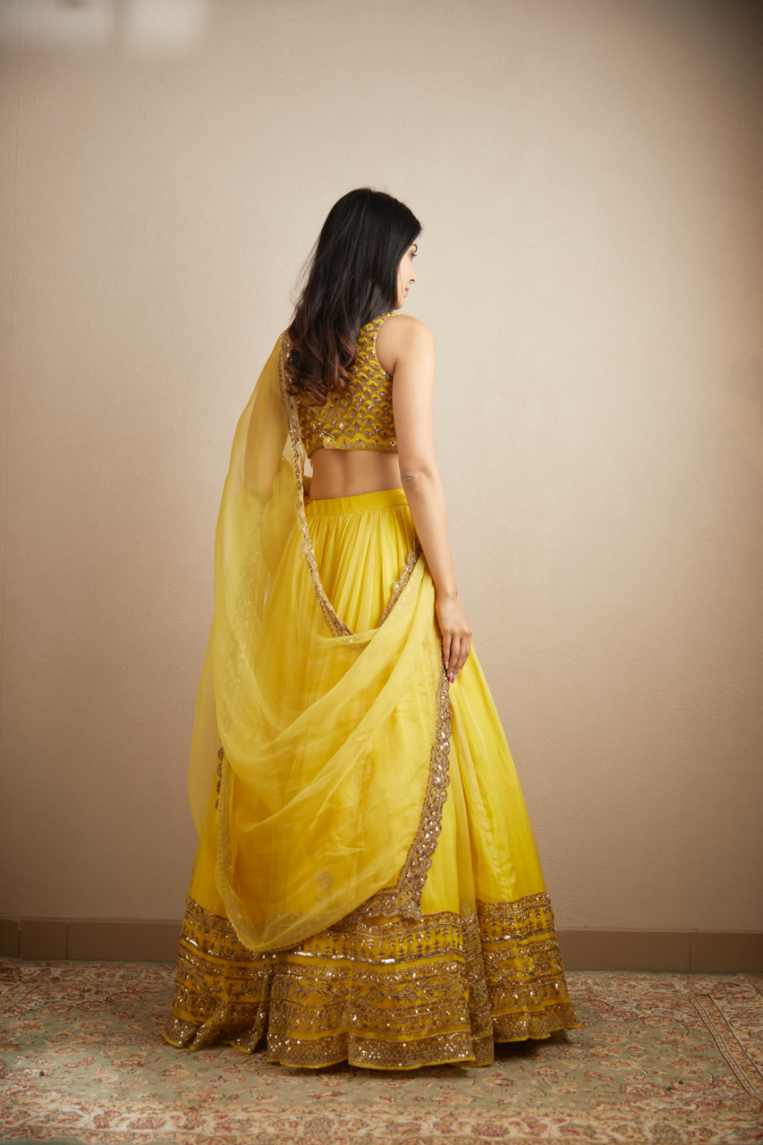 Yellow Mirror & Sequin Organza Silk Lehenga (3-Piece) - Image 6