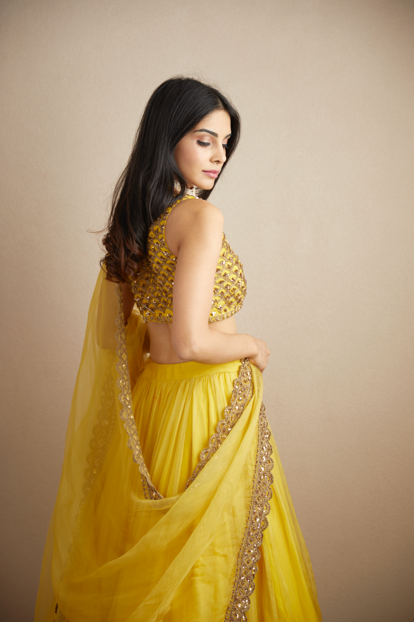 Yellow Mirror & Sequin Organza Silk Lehenga (3-Piece) - Image 7