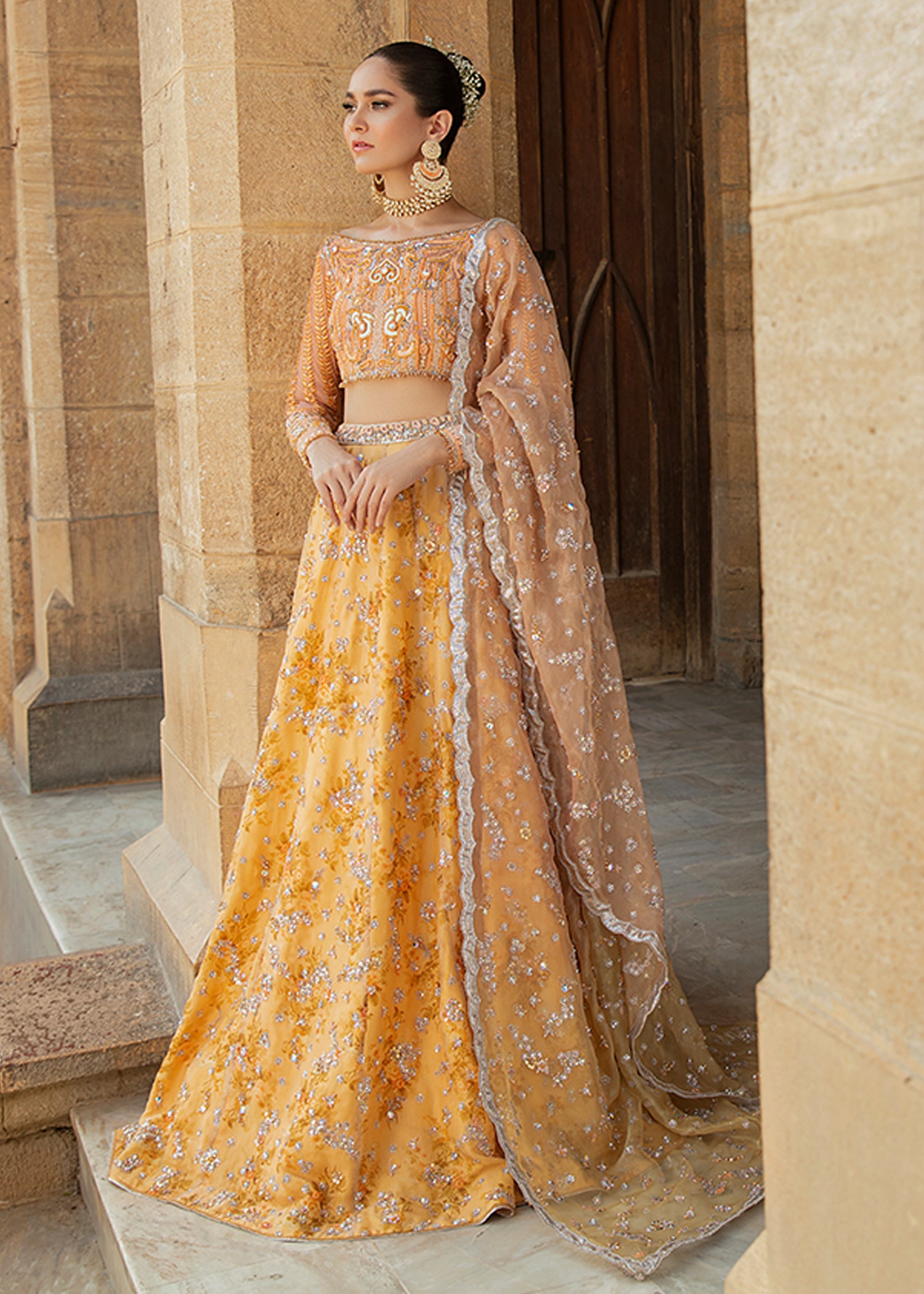 Yellow Embroidered Net & Organza Lehenga Choli (3-Piece) - Image 1