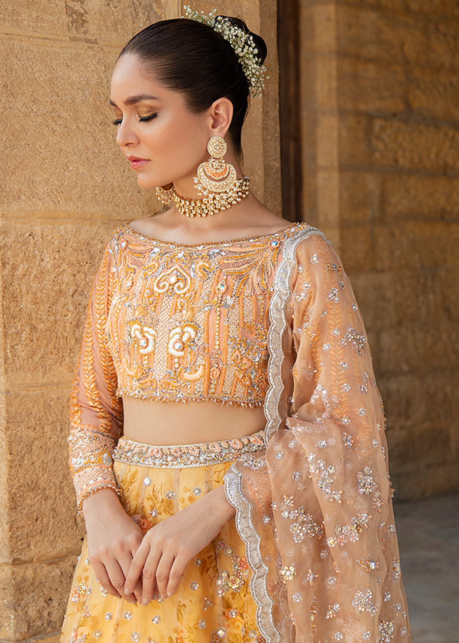 Yellow Embroidered Net & Organza Lehenga Choli (3-Piece) - Image 3