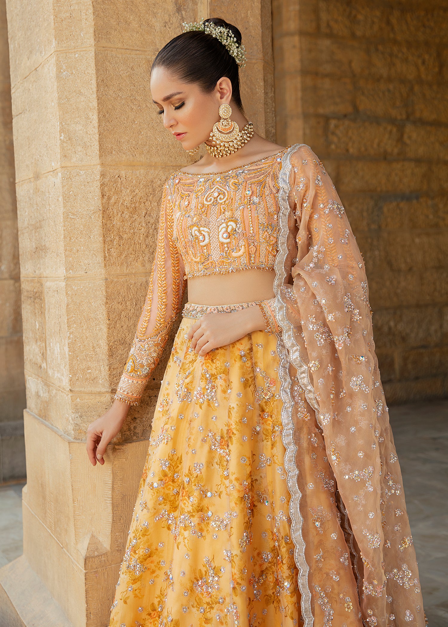 Yellow Embroidered Net & Organza Lehenga Choli (3-Piece) - Image 4