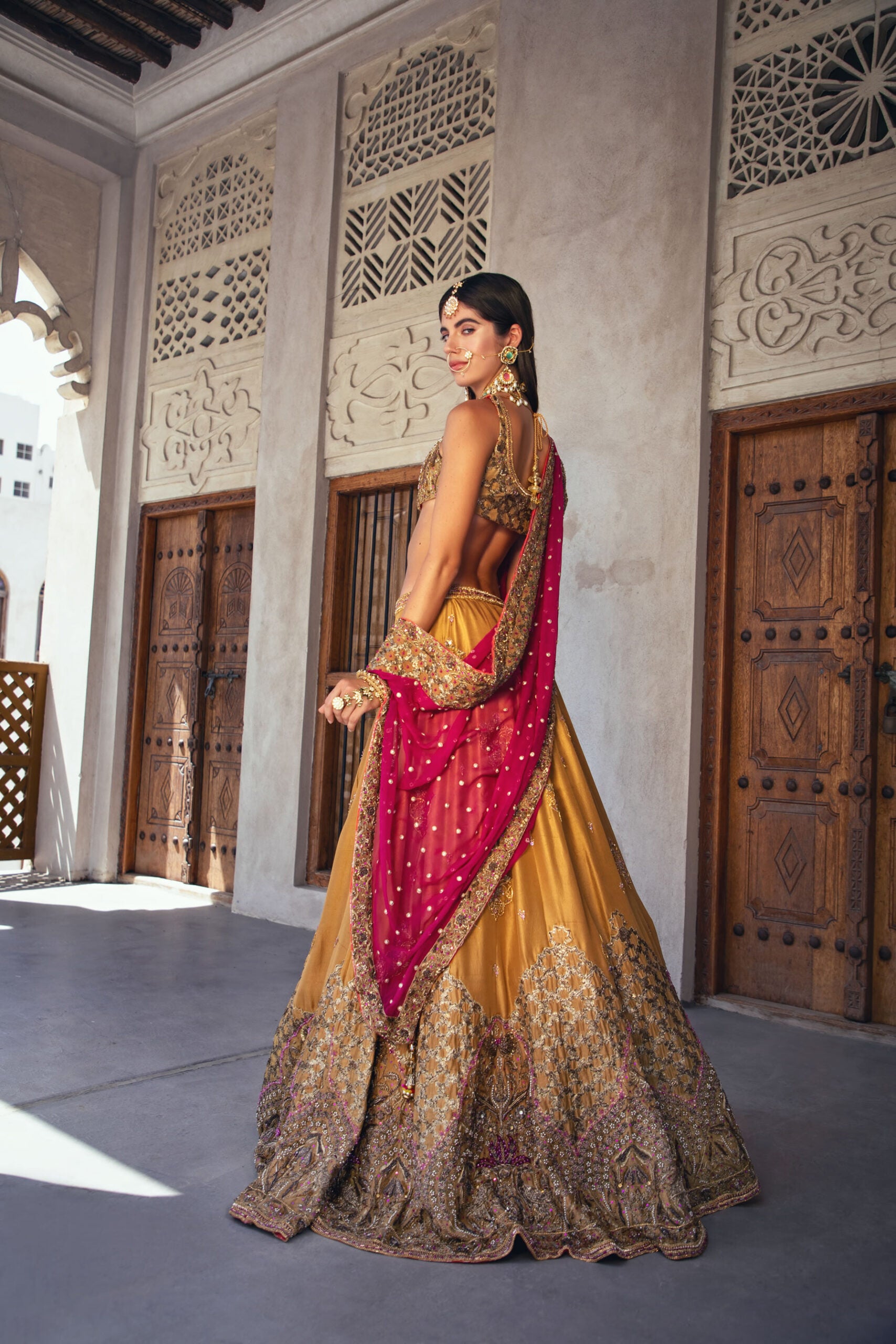 Pakistani Canary Yellow & Ruby Pink Embroidered Raw Silk Lehenga (3-Piece) - Image 3