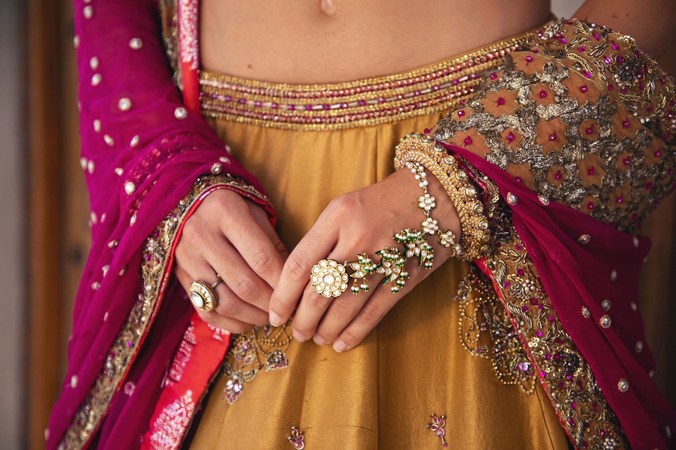 Pakistani Canary Yellow & Ruby Pink Embroidered Raw Silk Lehenga (3-Piece) - Image 4