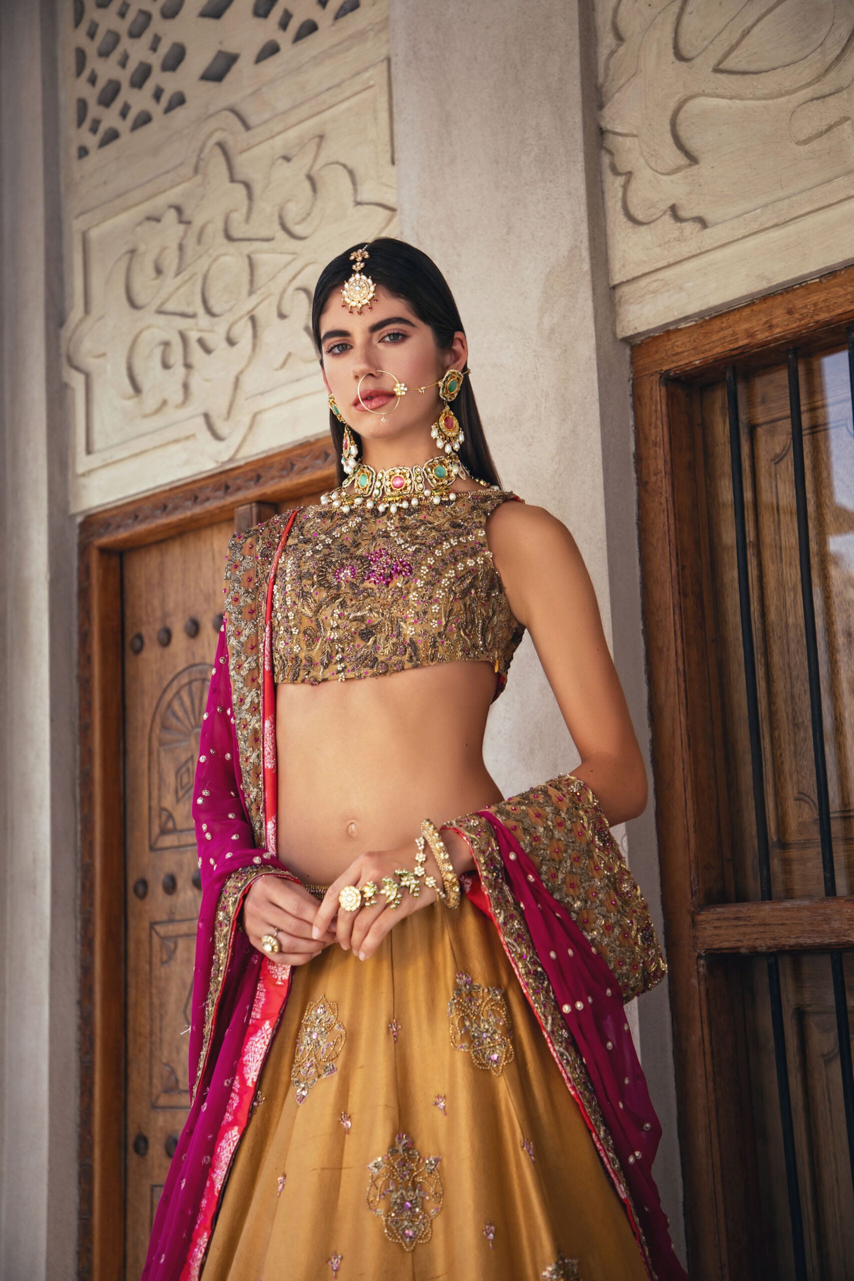 Pakistani Canary Yellow & Ruby Pink Embroidered Raw Silk Lehenga (3-Piece) - Image 5