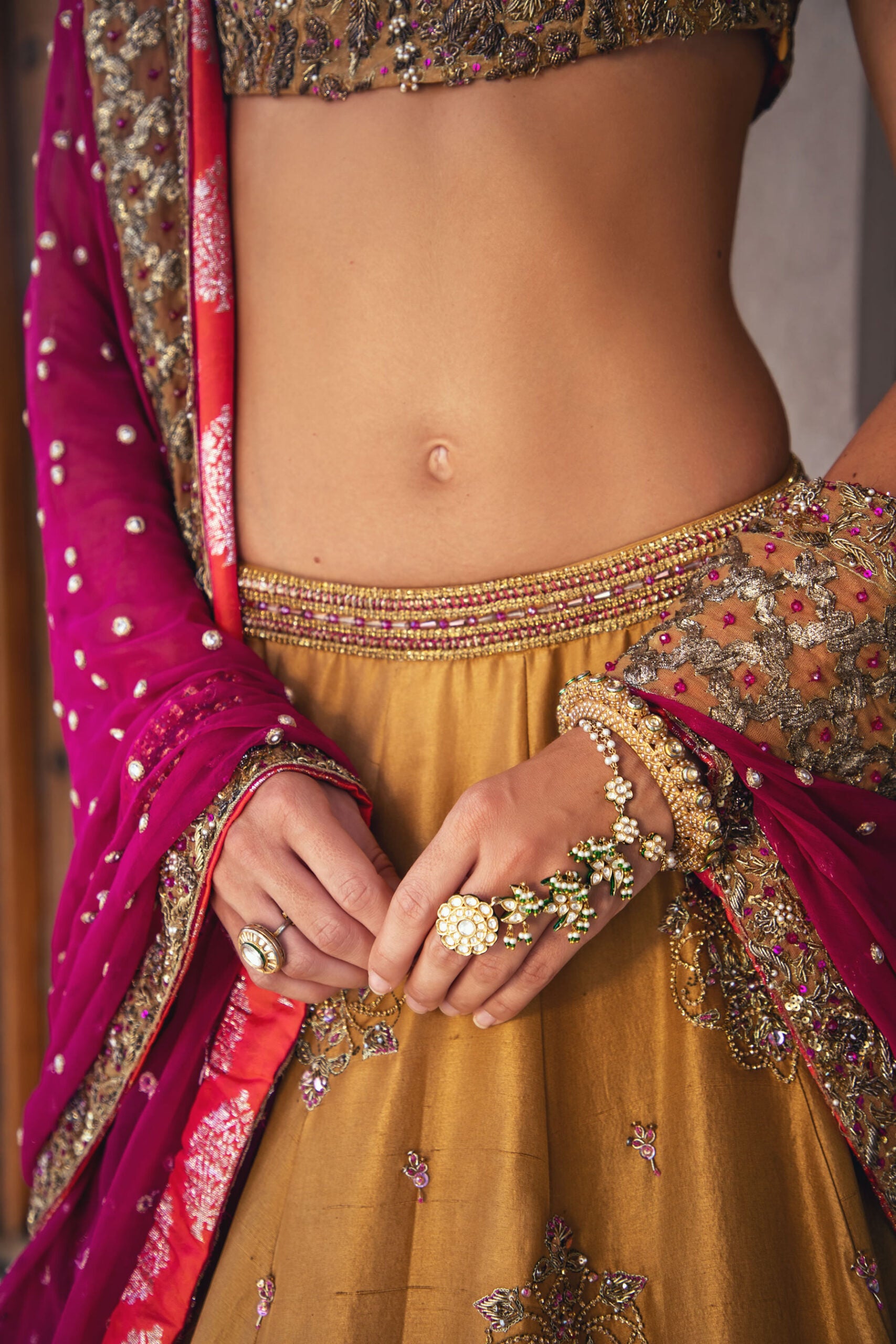 Pakistani Canary Yellow & Ruby Pink Embroidered Raw Silk Lehenga (3-Piece) - Image 6