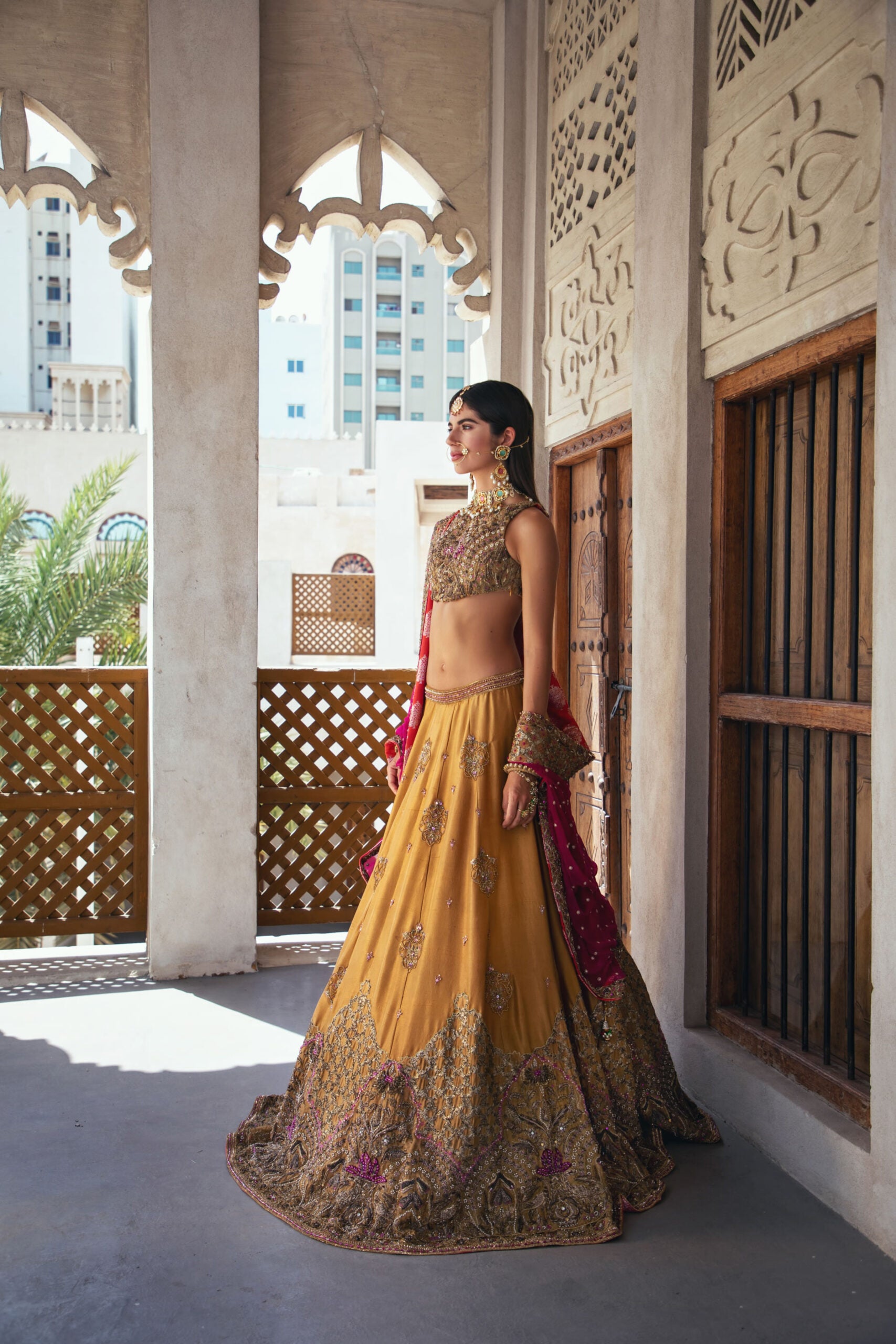 Pakistani Canary Yellow & Ruby Pink Embroidered Raw Silk Lehenga (3-Piece) - Image 7