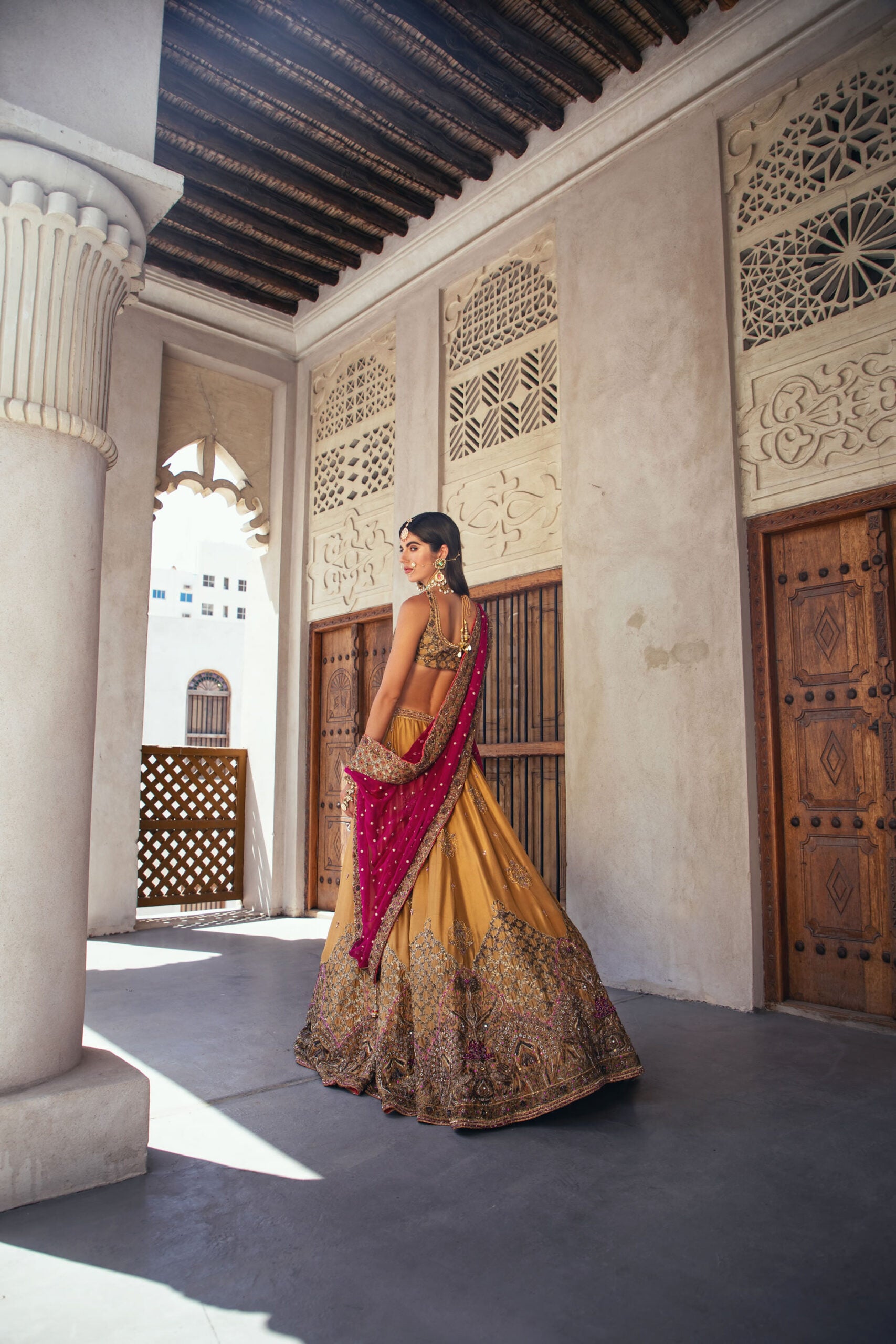 Pakistani Canary Yellow & Ruby Pink Embroidered Raw Silk Lehenga (3-Piece) - Image 8