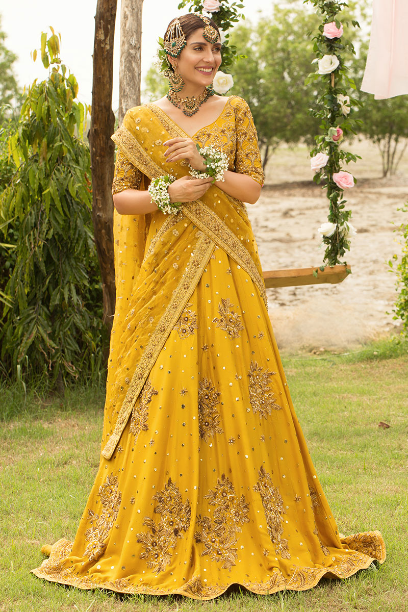 Yellow Antique Gold Dabka Raw Silk Lehenga Choli (3-Piece) - Image 1