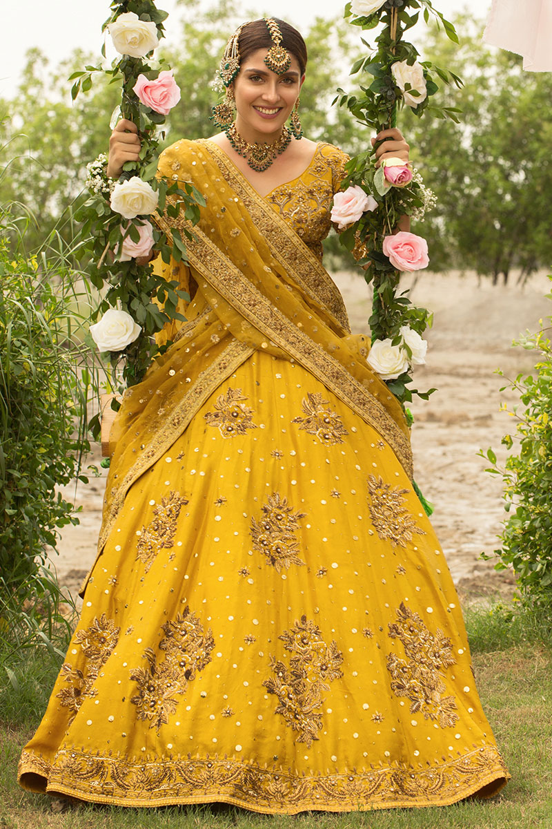 Yellow Antique Gold Dabka Raw Silk Lehenga Choli (3-Piece) - Image 3