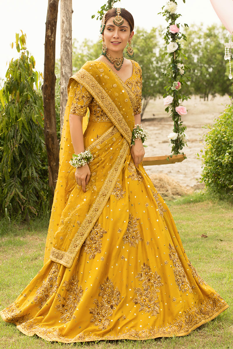 Yellow Antique Gold Dabka Raw Silk Lehenga Choli (3-Piece) - Image 4