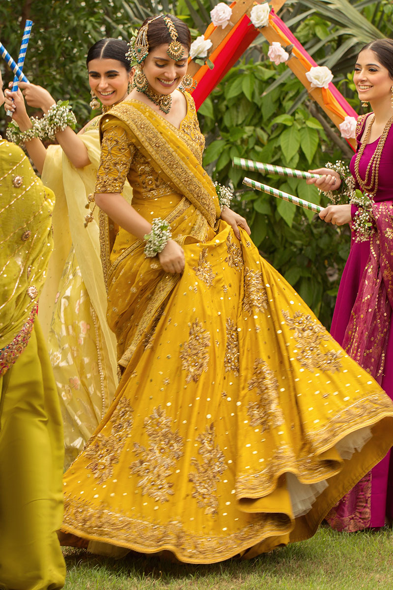 Yellow Antique Gold Dabka Raw Silk Lehenga Choli (3-Piece) - Image 6