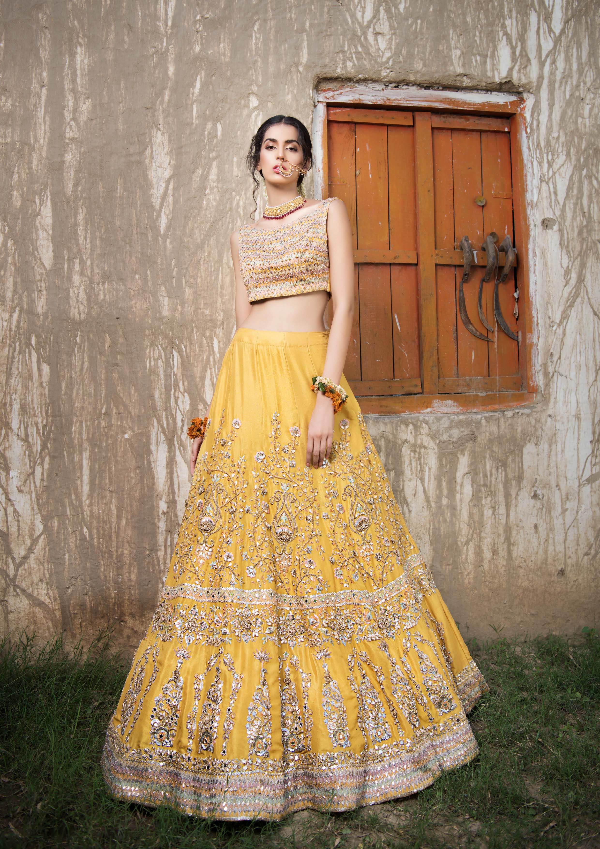 Pakistani Yellow Embellished Raw Silk Lehenga Choli (2-Piece) - Image 2