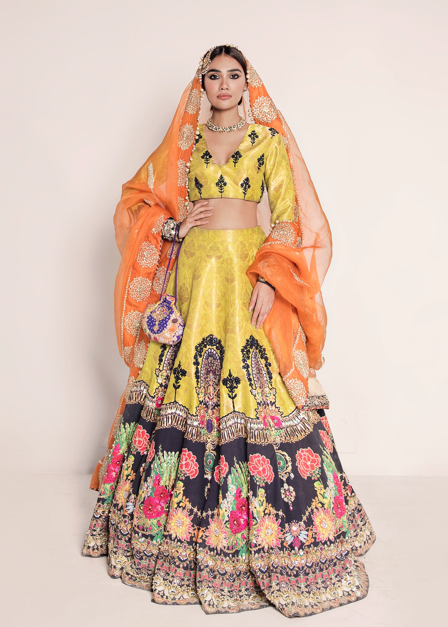 Yellow Gota & Sequin Raw Silk Lehenga (3-Piece) - Image 1
