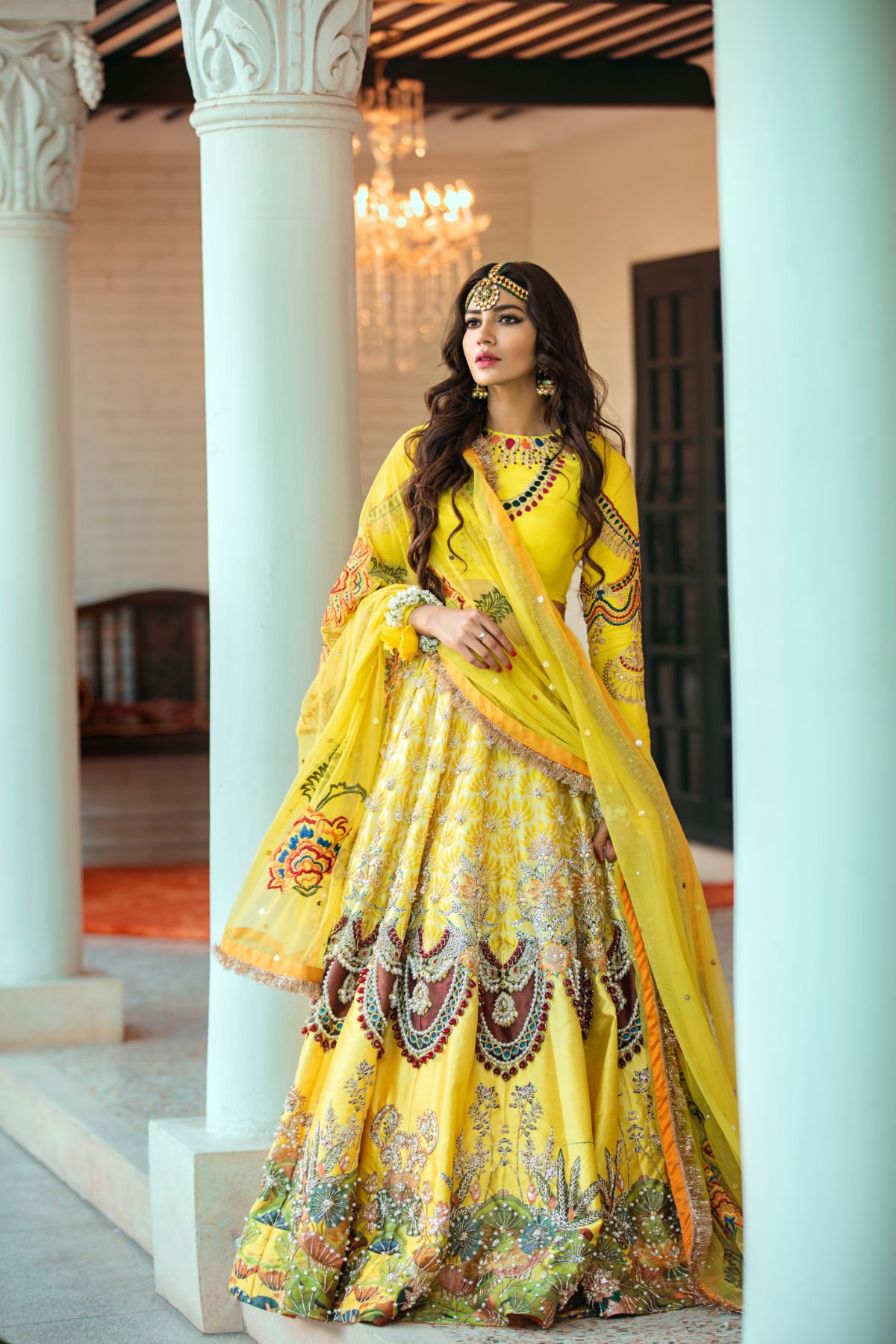 Yellow Naqshi Embroidered Raw Silk Lehenga (3-Piece) - Image 1