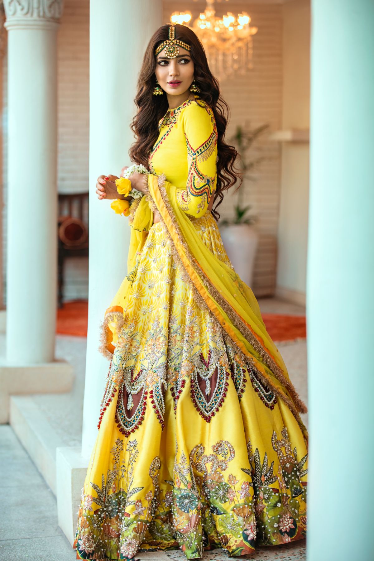 Yellow Naqshi Embroidered Raw Silk Lehenga (3-Piece) - Image 3