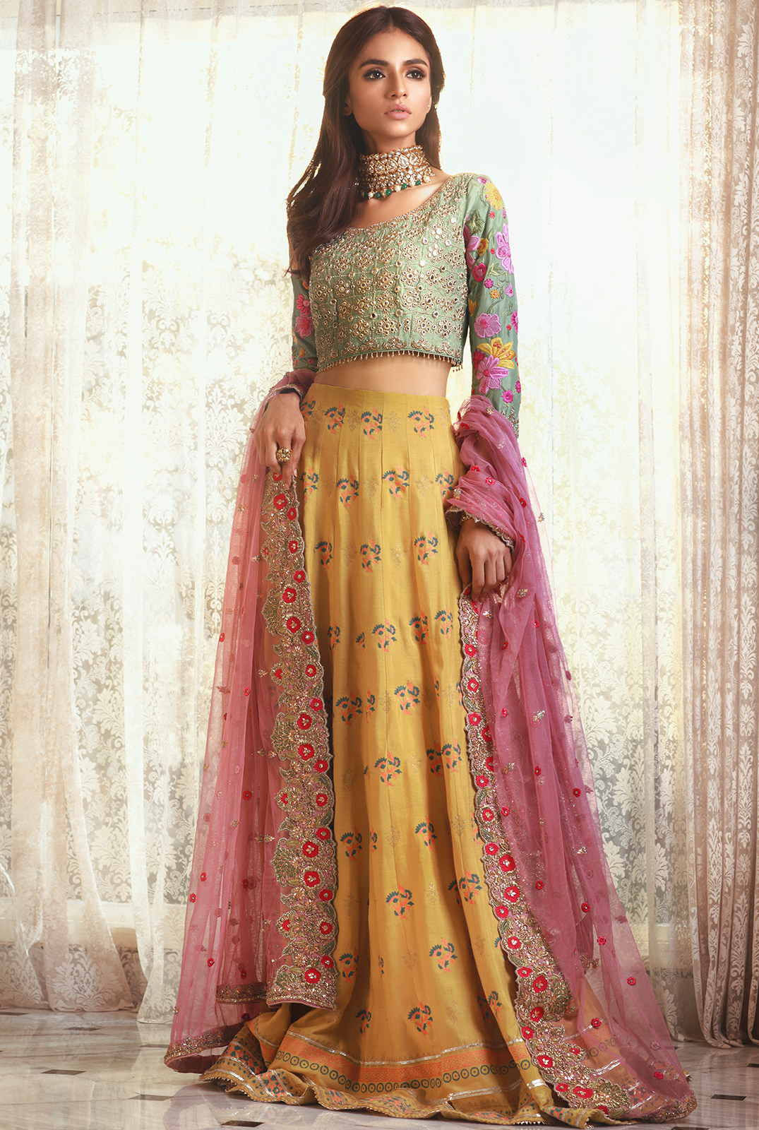 Mustard Block Printed Raw Silk Lehenga (3-Piece) - Image 1