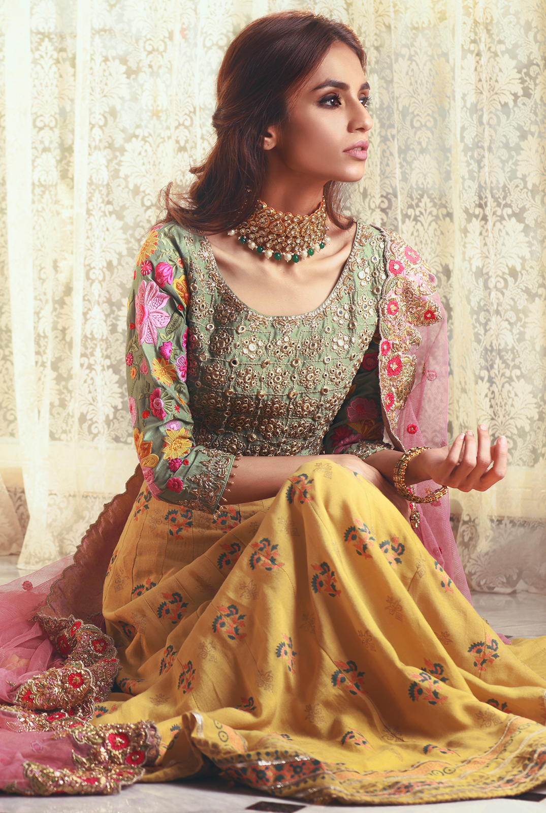 Mustard Block Printed Raw Silk Lehenga (3-Piece) - Image 2