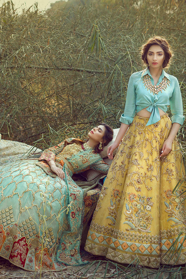 Pakistani Yellow Hand-Embroidered Raw Silk Lehenga (2-Piece) - Image 2