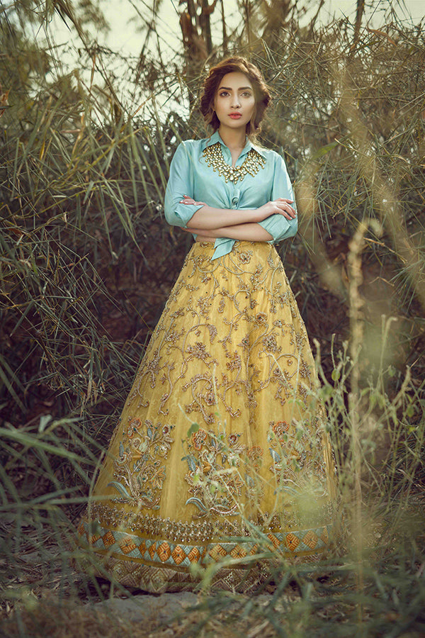 Pakistani Yellow Hand-Embroidered Raw Silk Lehenga (2-Piece) - Image 3