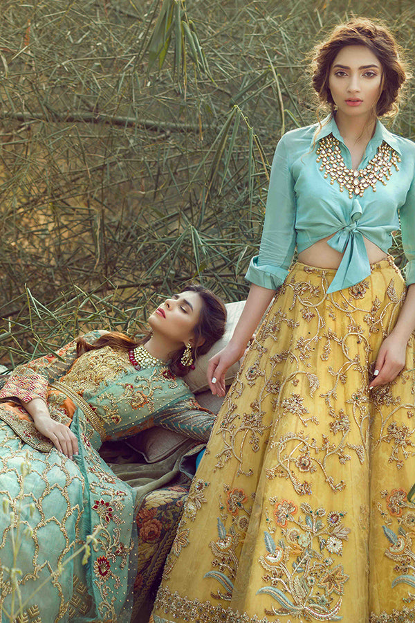 Pakistani Yellow Hand-Embroidered Raw Silk Lehenga (2-Piece) - Image 4