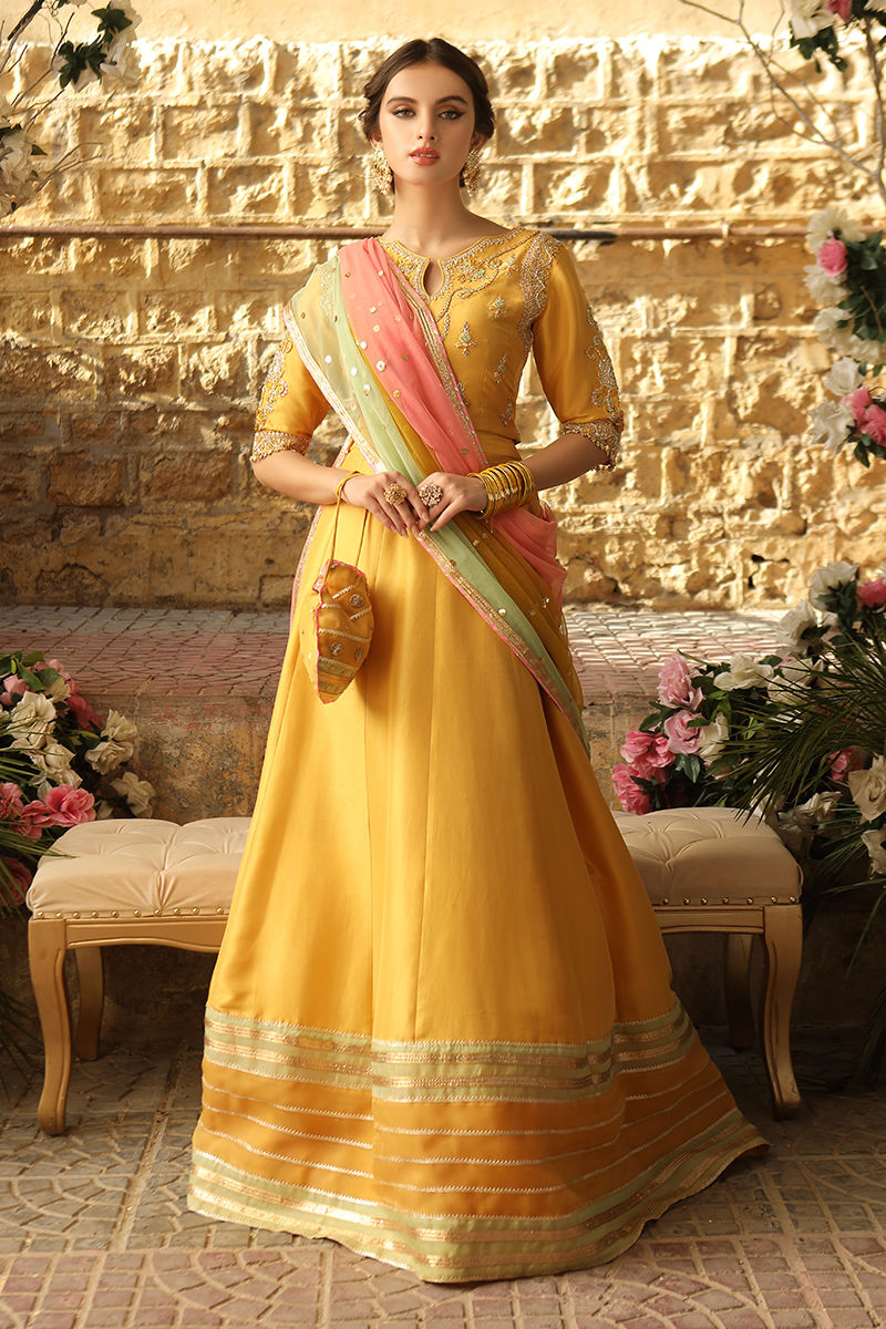 Kayseri Yellow Hand-Worked Silk Lehenga Choli (3-Piece) - Image 1