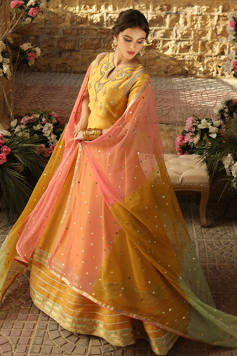Kayseri Yellow Hand-Worked Silk Lehenga Choli (3-Piece) - Image 3