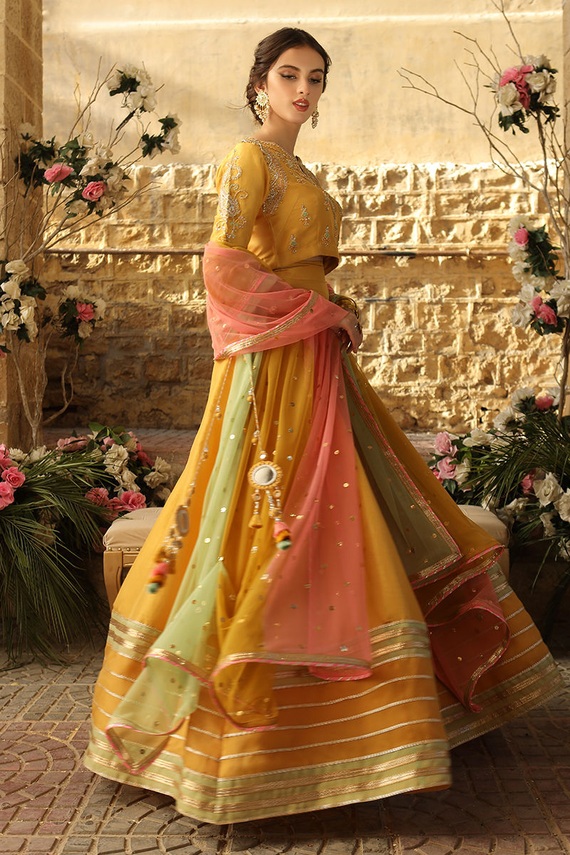 Kayseri Yellow Hand-Worked Silk Lehenga Choli (3-Piece) - Image 4