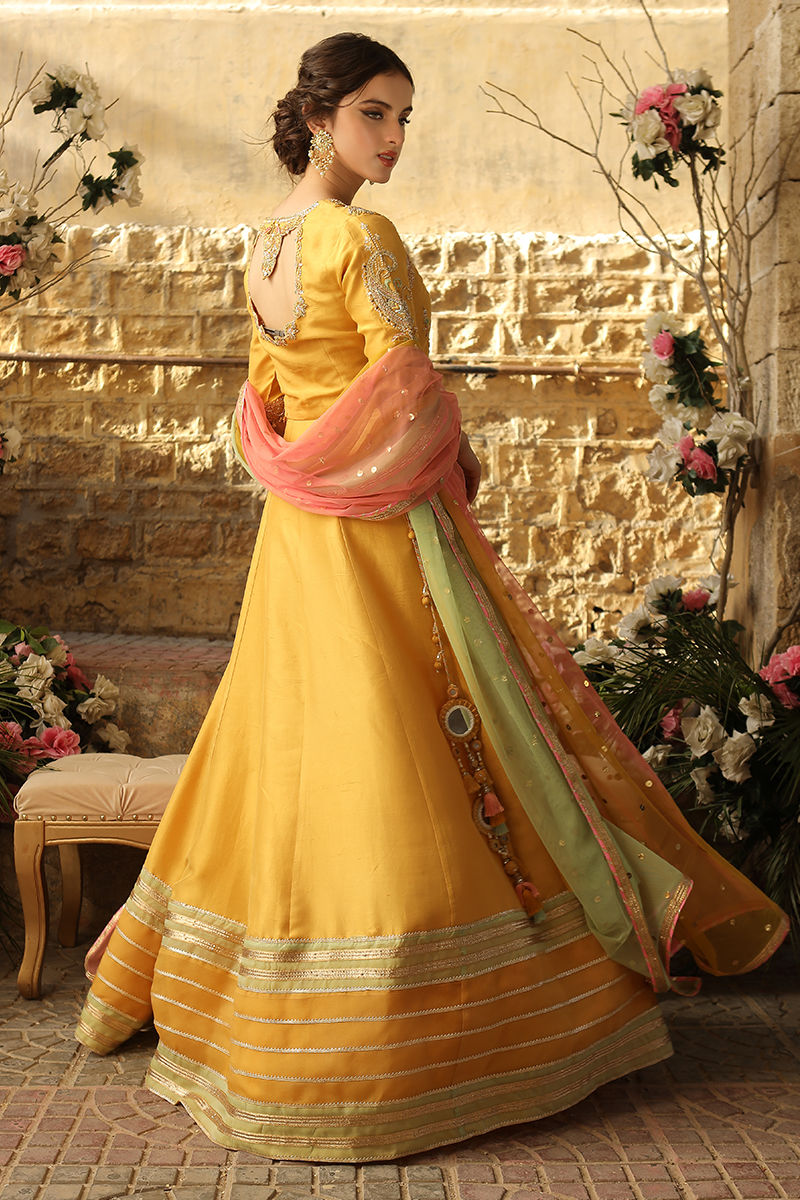 Kayseri Yellow Hand-Worked Silk Lehenga Choli (3-Piece) - Image 5