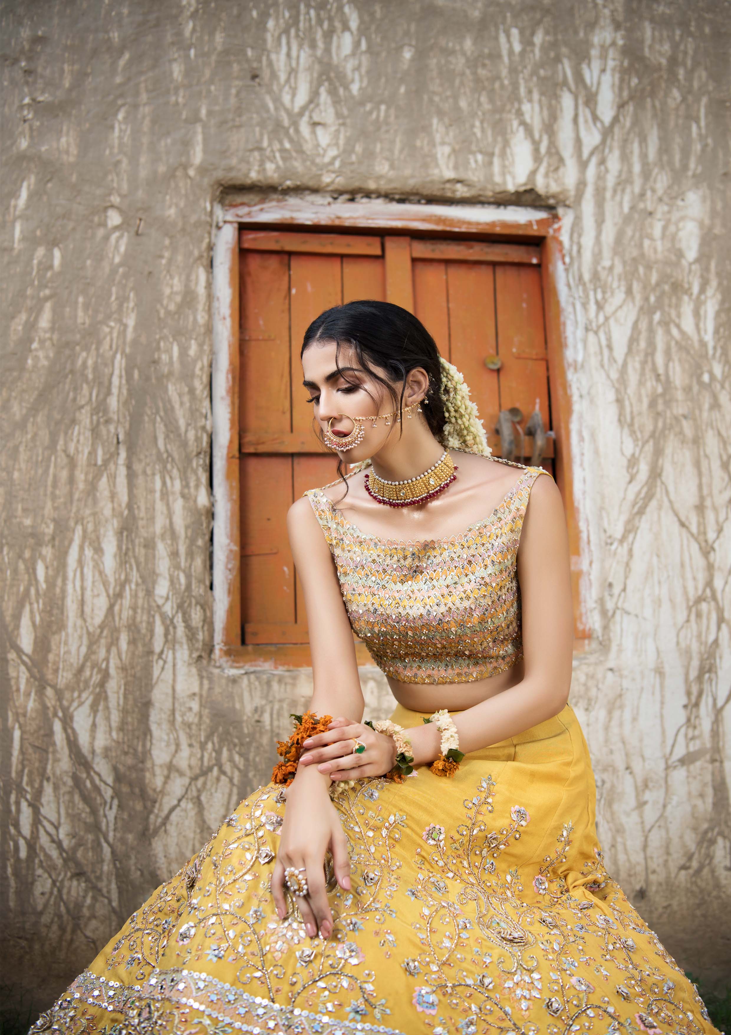Yellow Embroidered Raw Silk Lehenga Choli (2-Piece) - Image 3