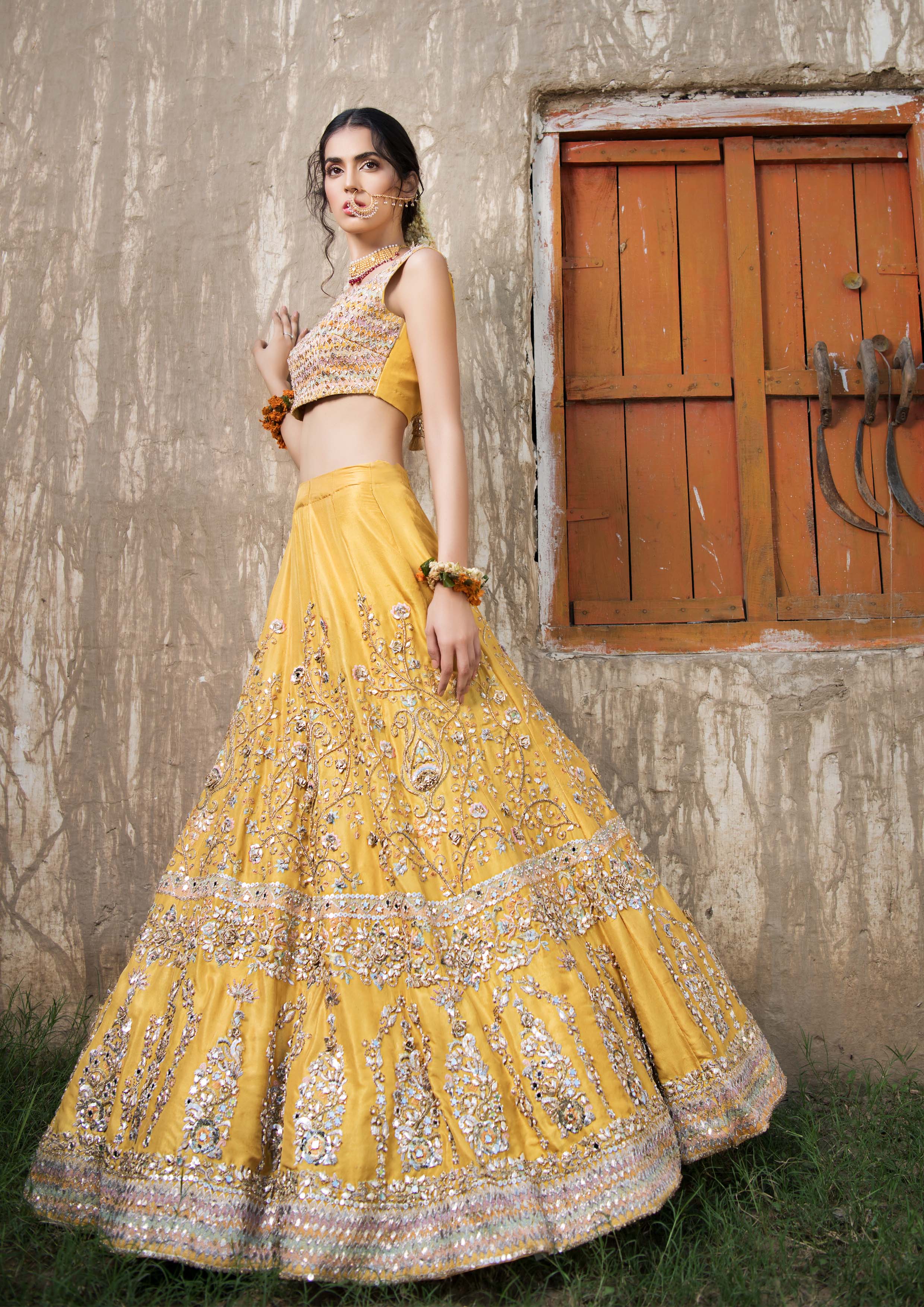 Yellow Embroidered Raw Silk Lehenga Choli (2-Piece) - Image 4