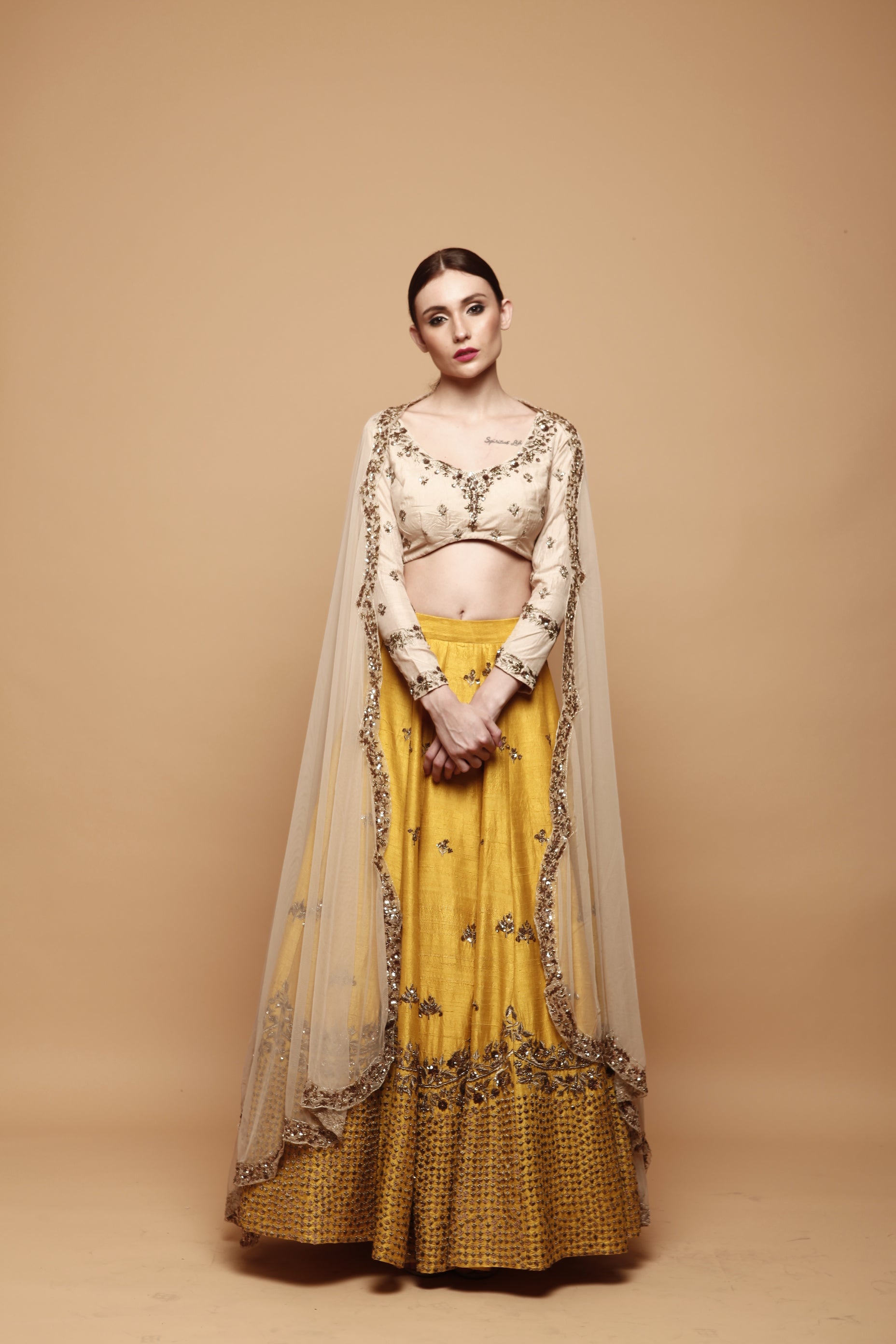 Indian Mustard Yellow Embroidered Raw Silk Lehenga (3-Piece) - Image 1