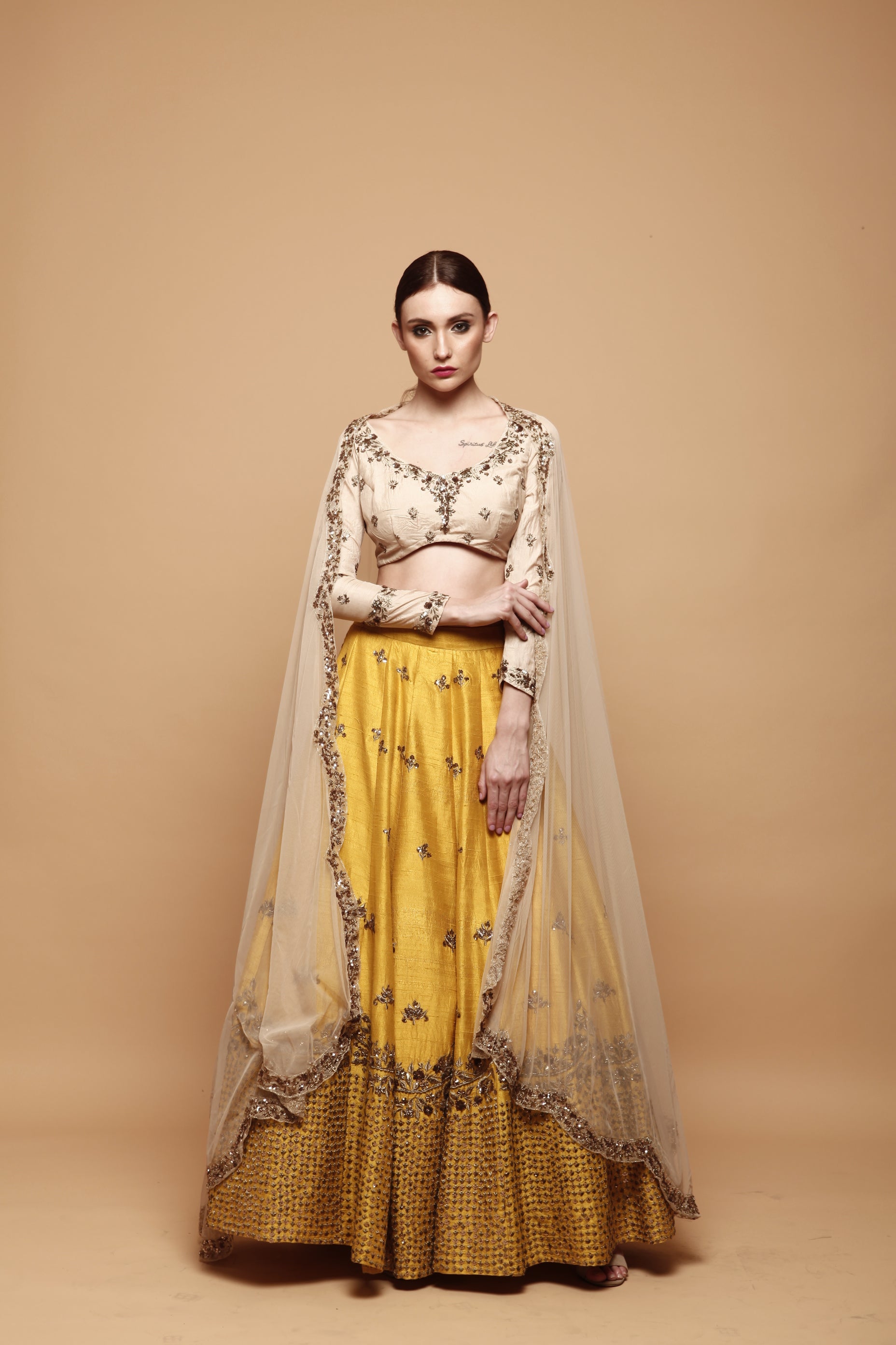 Indian Mustard Yellow Embroidered Raw Silk Lehenga (3-Piece) - Image 2