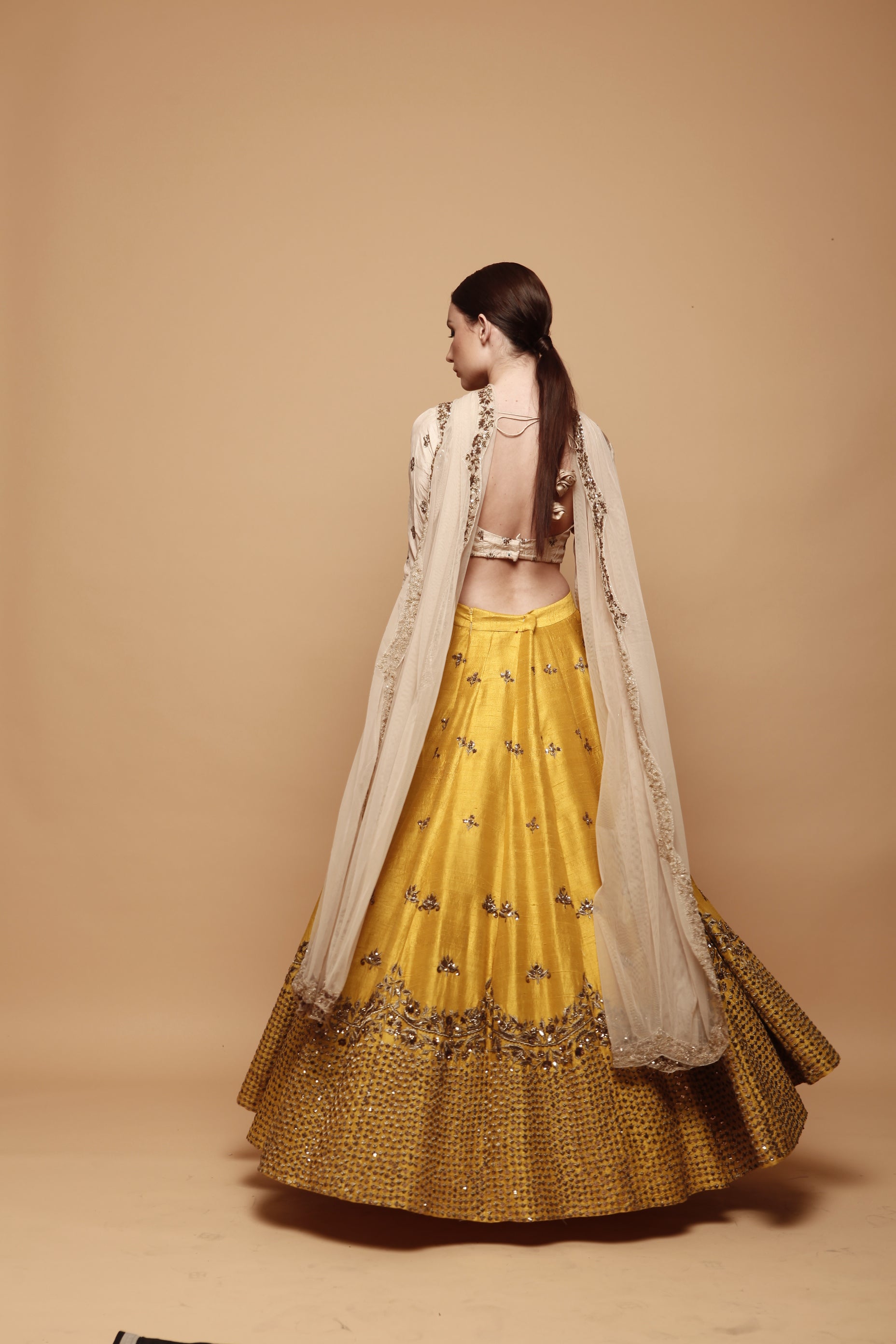 Indian Mustard Yellow Embroidered Raw Silk Lehenga (3-Piece) - Image 4