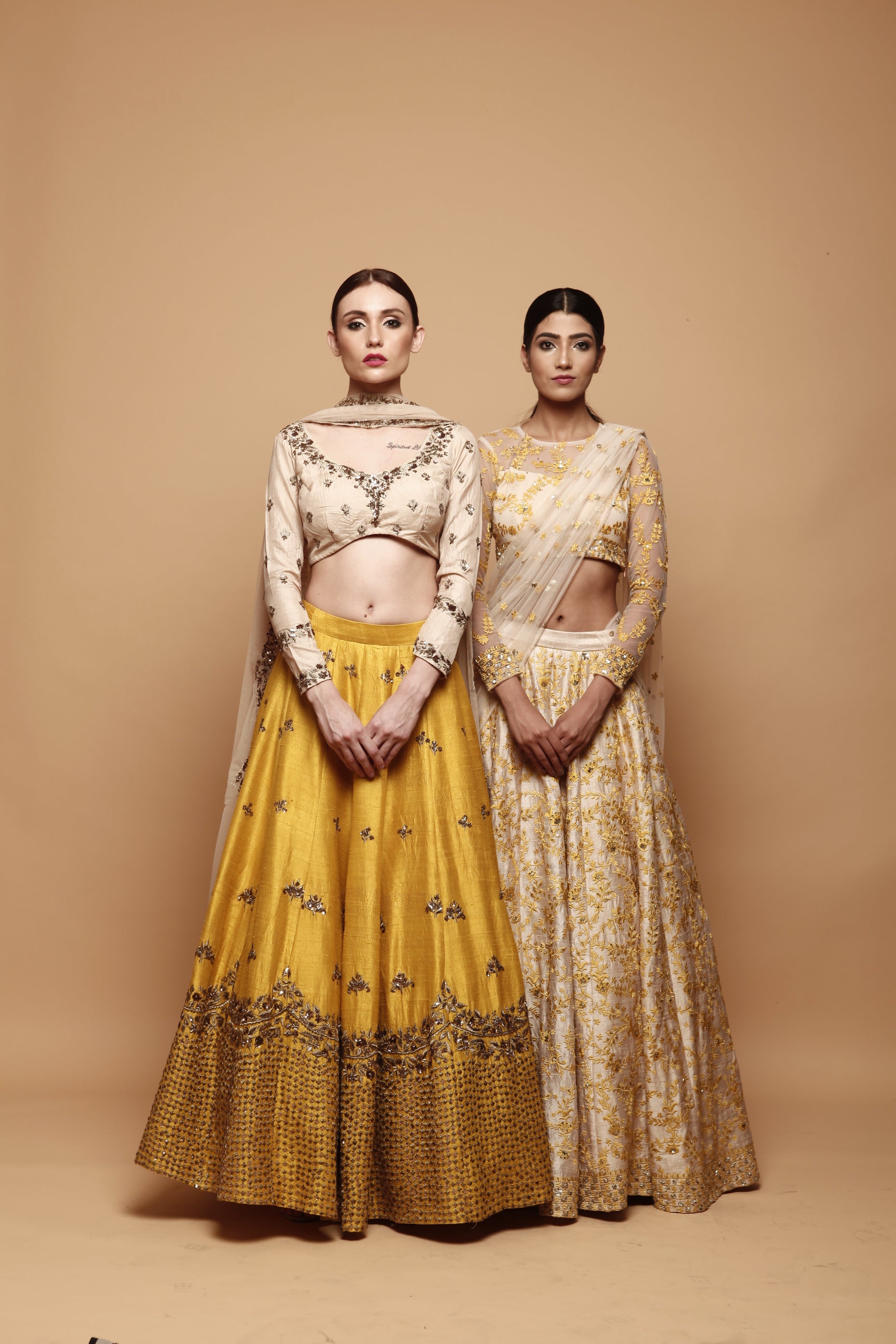 Indian Mustard Yellow Embroidered Raw Silk Lehenga (3-Piece) - Image 5